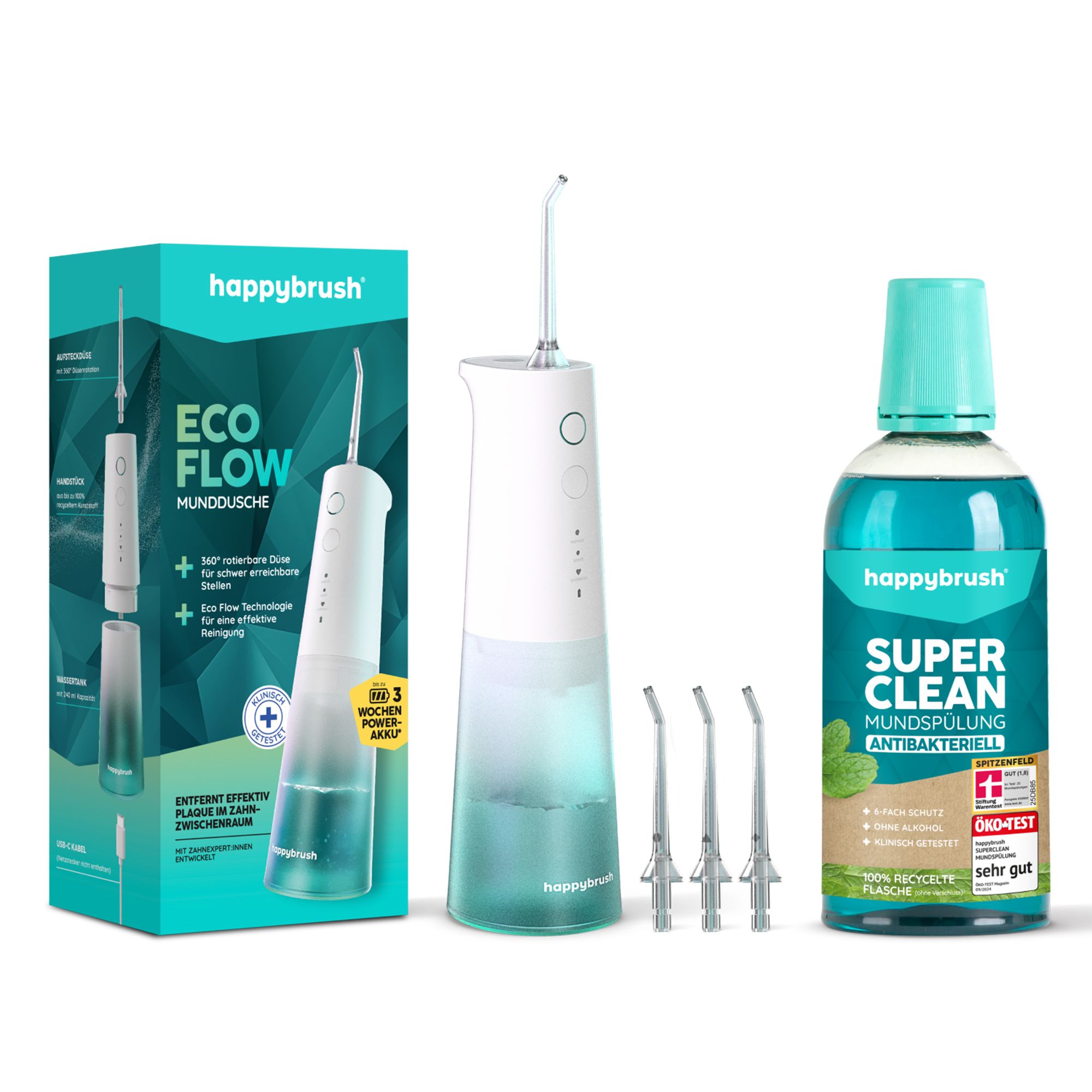 HAPPYBRUSH® Zahnpflegeset aus Eco Flow Munddusche, 3 Ersatzaufsteckdüsen & Mundspülung, 500 ml
