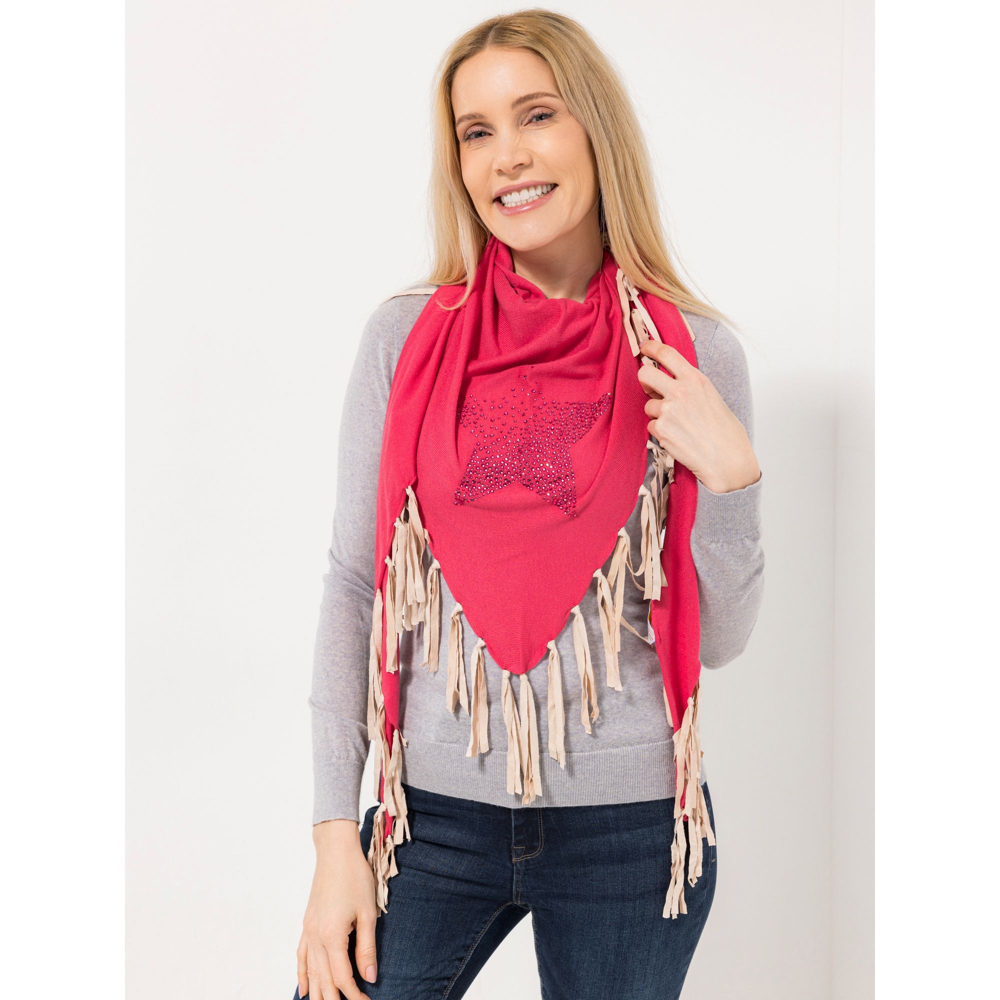 DINE 'N' DANCE Schal dreieckige Form Strassmotiv Velourfransen