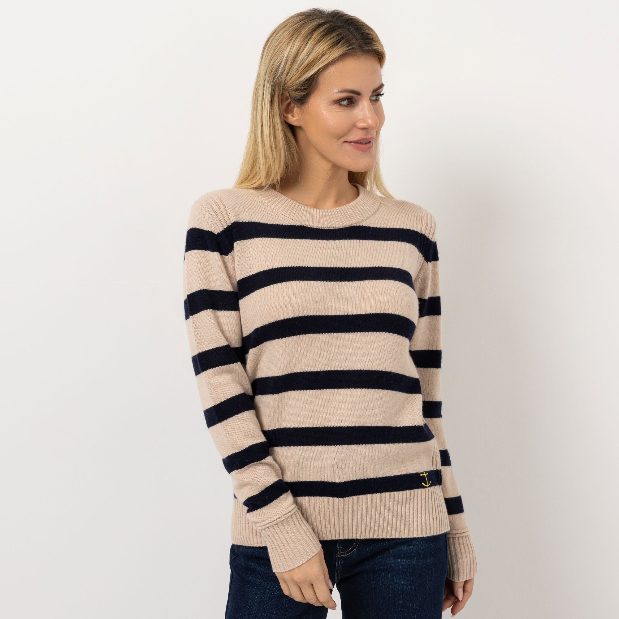 STRANDFEIN Pullover Rundhalsausschnitt Anker Stickerei figurumspielend