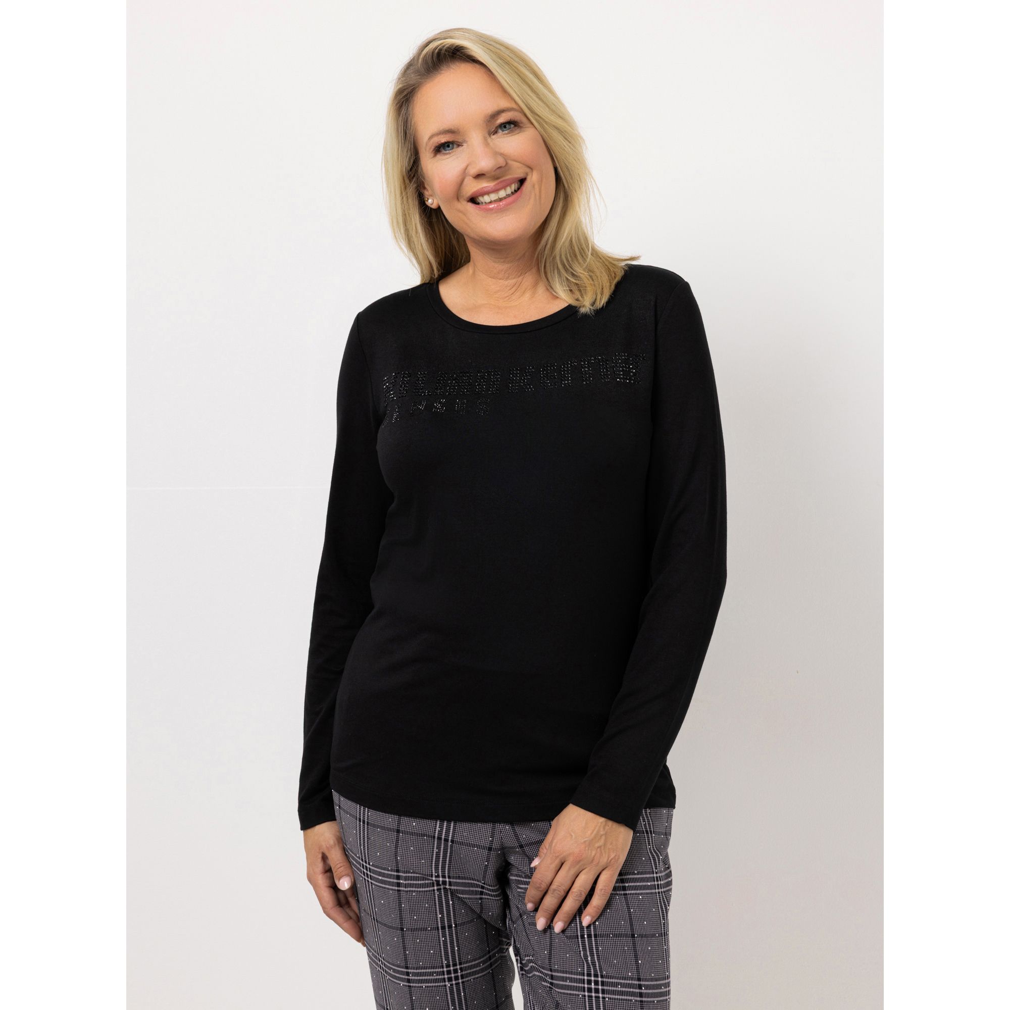 KILIAN KERNER SENSES Shirt, Langarm Rundhalsausschnitt Schriftzug mit Strass figurumspielend