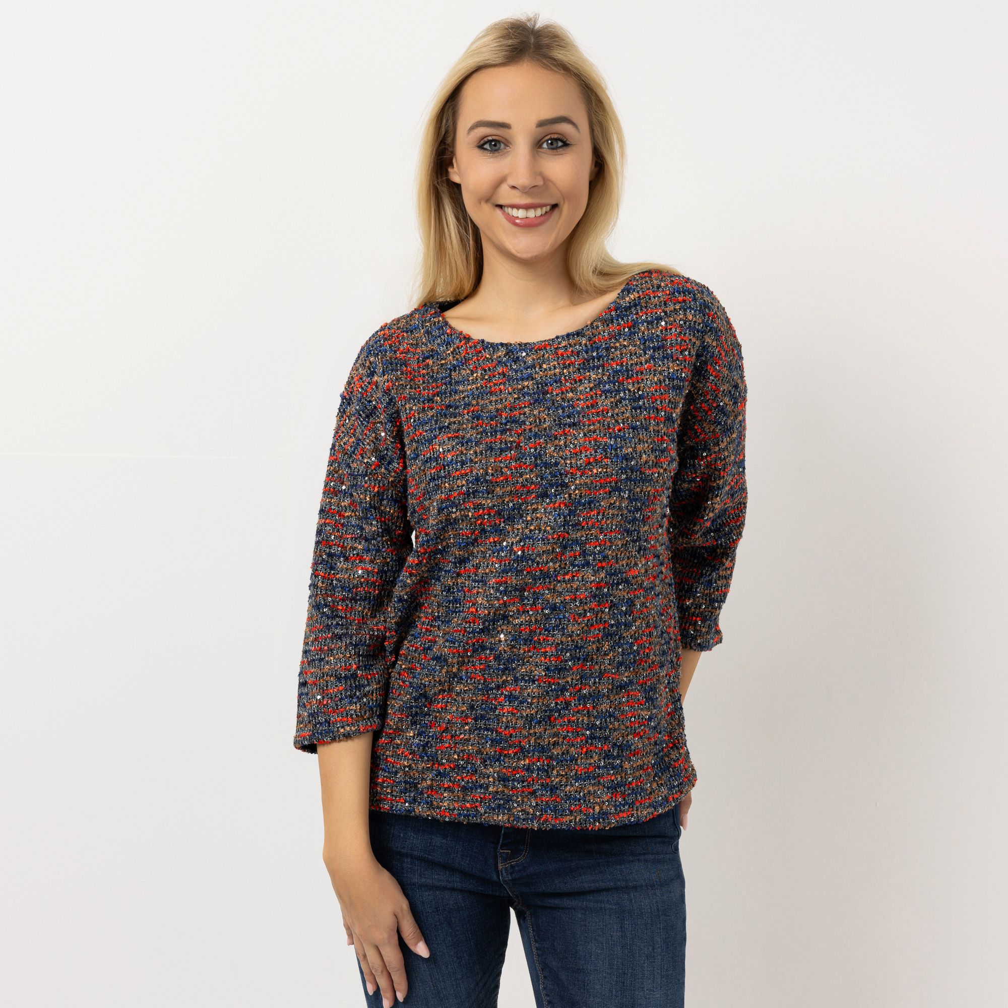 DINE 'N' DANCE Pullover, 3/4-Arm Rundhalsausschnitt Pailletten figurumspielend