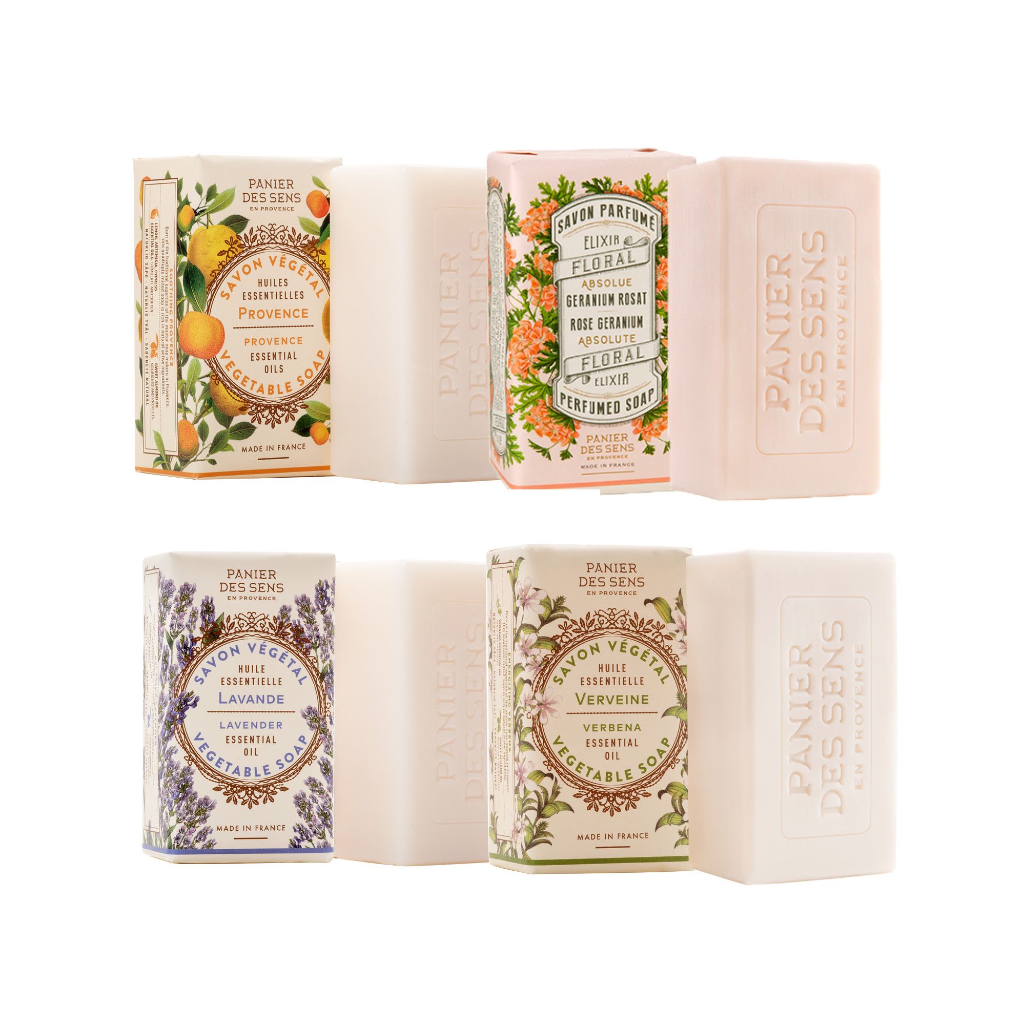 PANIER DES SENS Stückseifen Set Rosengeranie, Lavendel, Verbene u. Provence 4x 150g