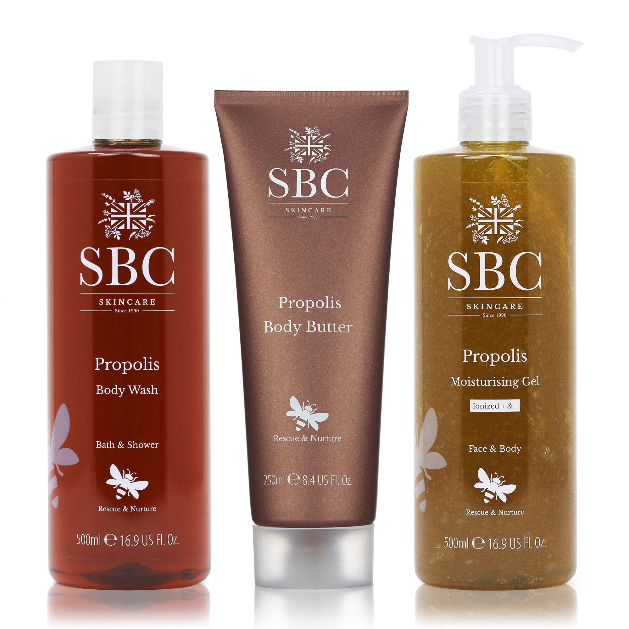 SBC Propolis Bodywash 500ml, Moisturiser 500ml, Body Butter 250ml