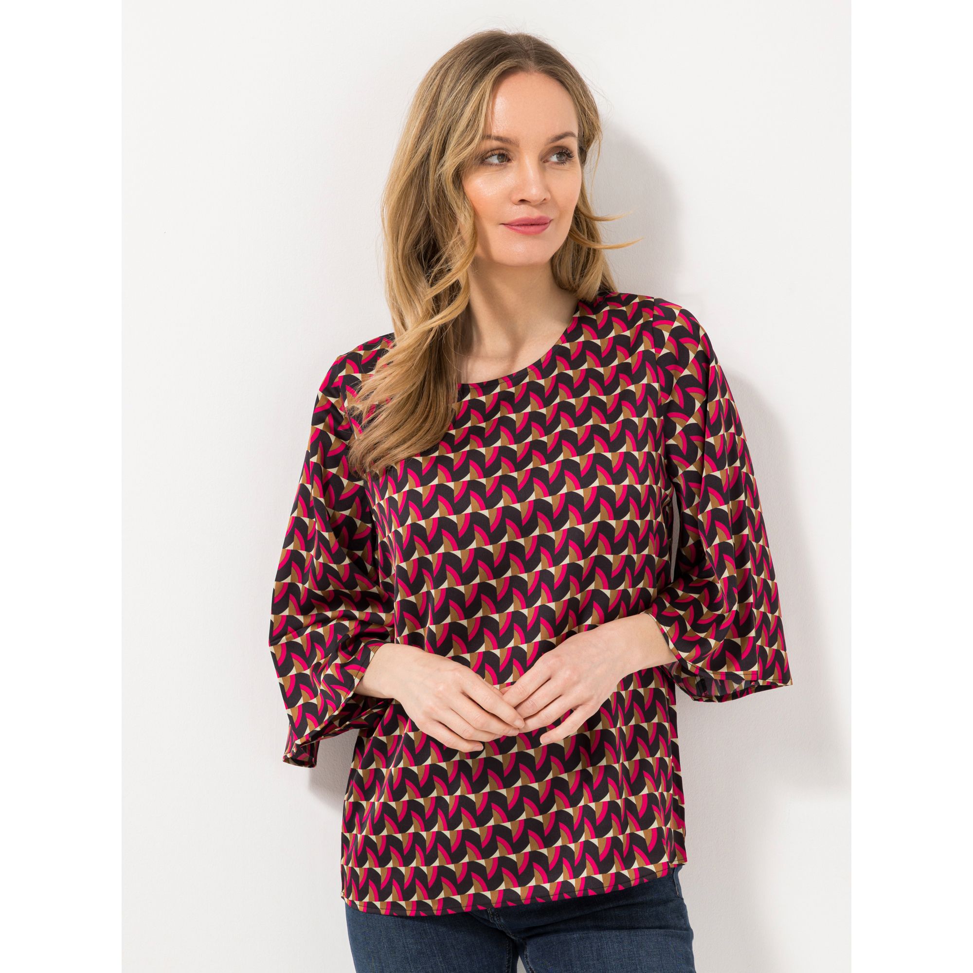 ANNI FOR FRIENDS Bluse, 3/4-Arm Rundhalsausschnitt Allover-Druck leger weit