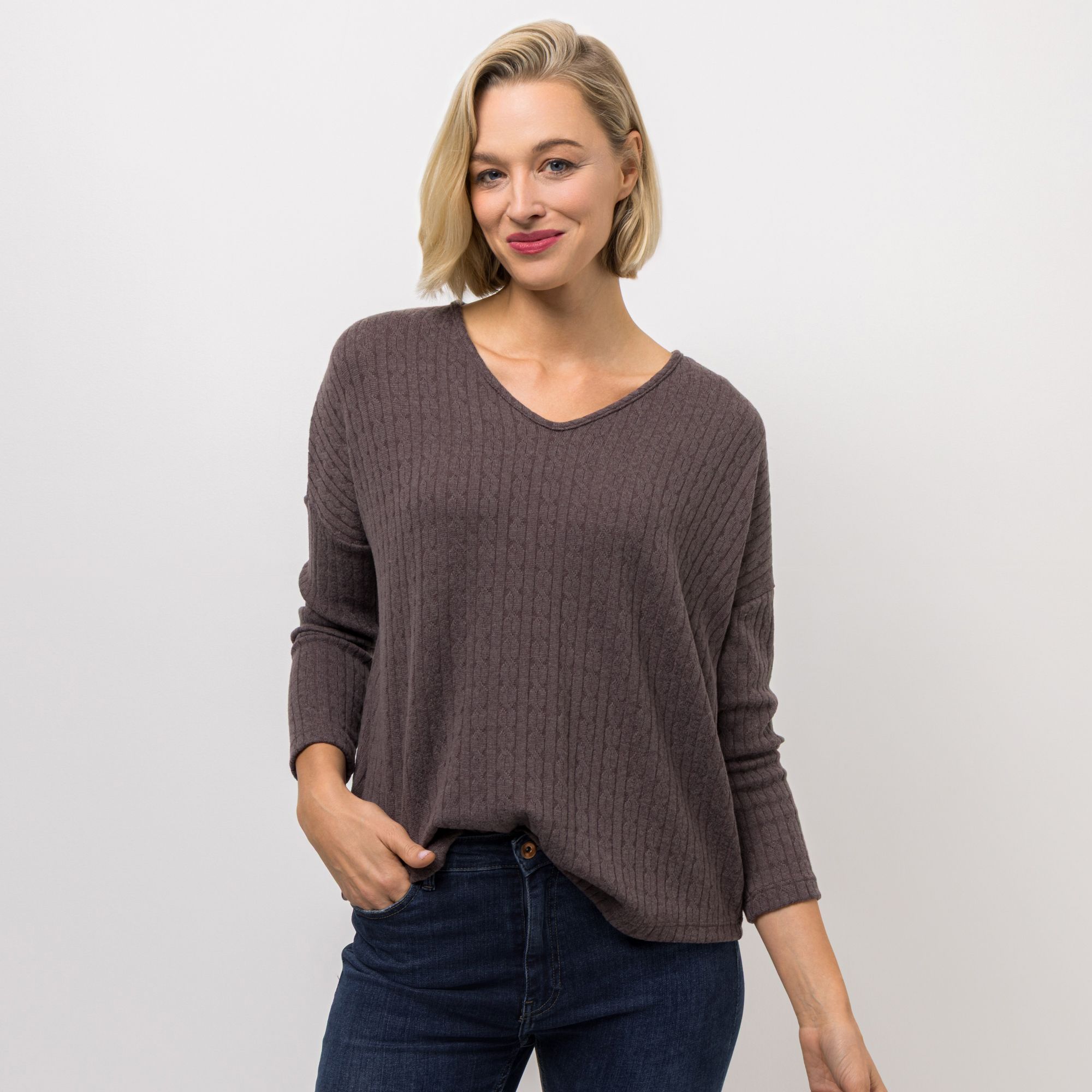 KIM & CO. Shirt, Langarm Zopfstrick-Jersey V-Ausschnitt figurumspielend
