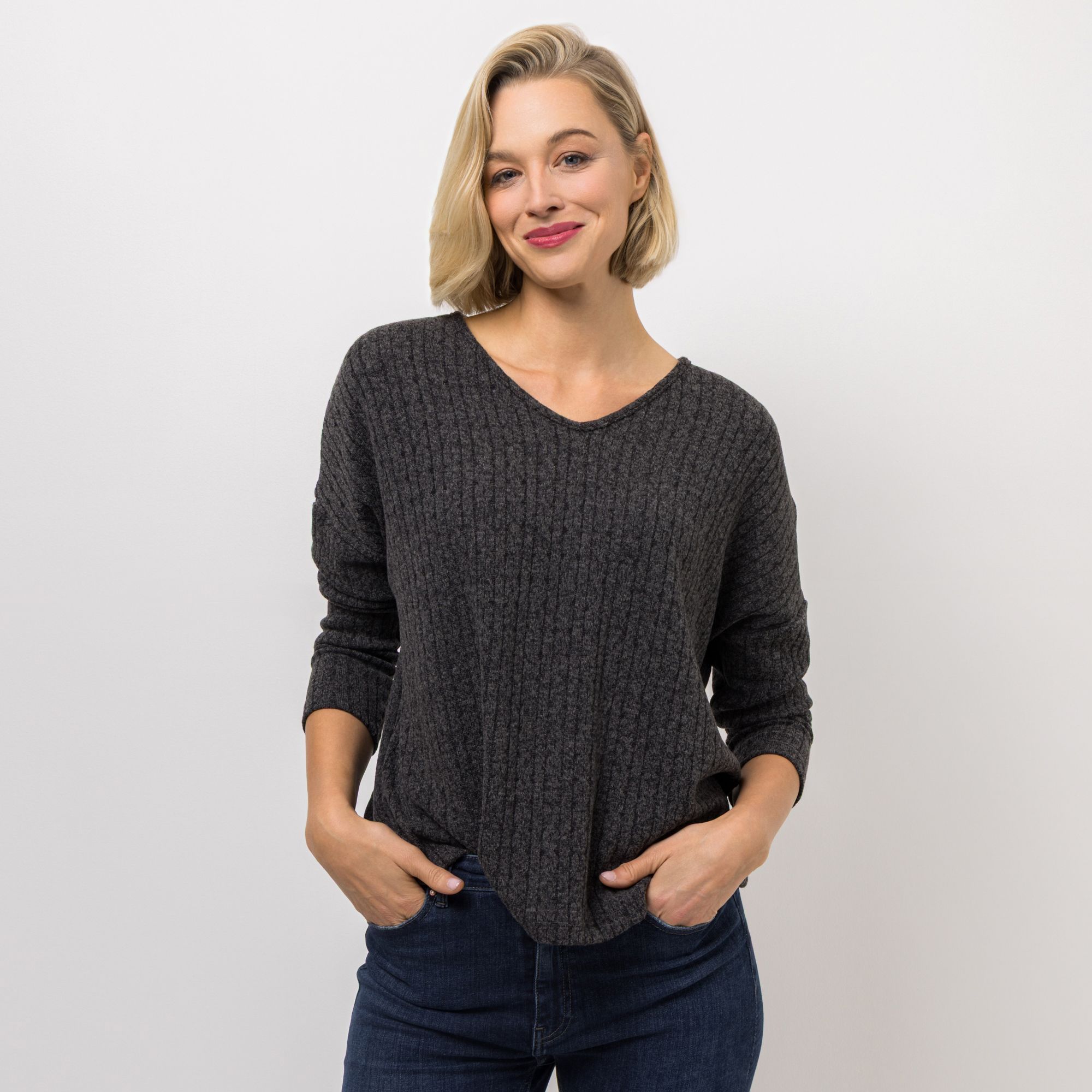 KIM & CO. Shirt, Langarm Zopfstrick-Jersey V-Ausschnitt figurumspielend