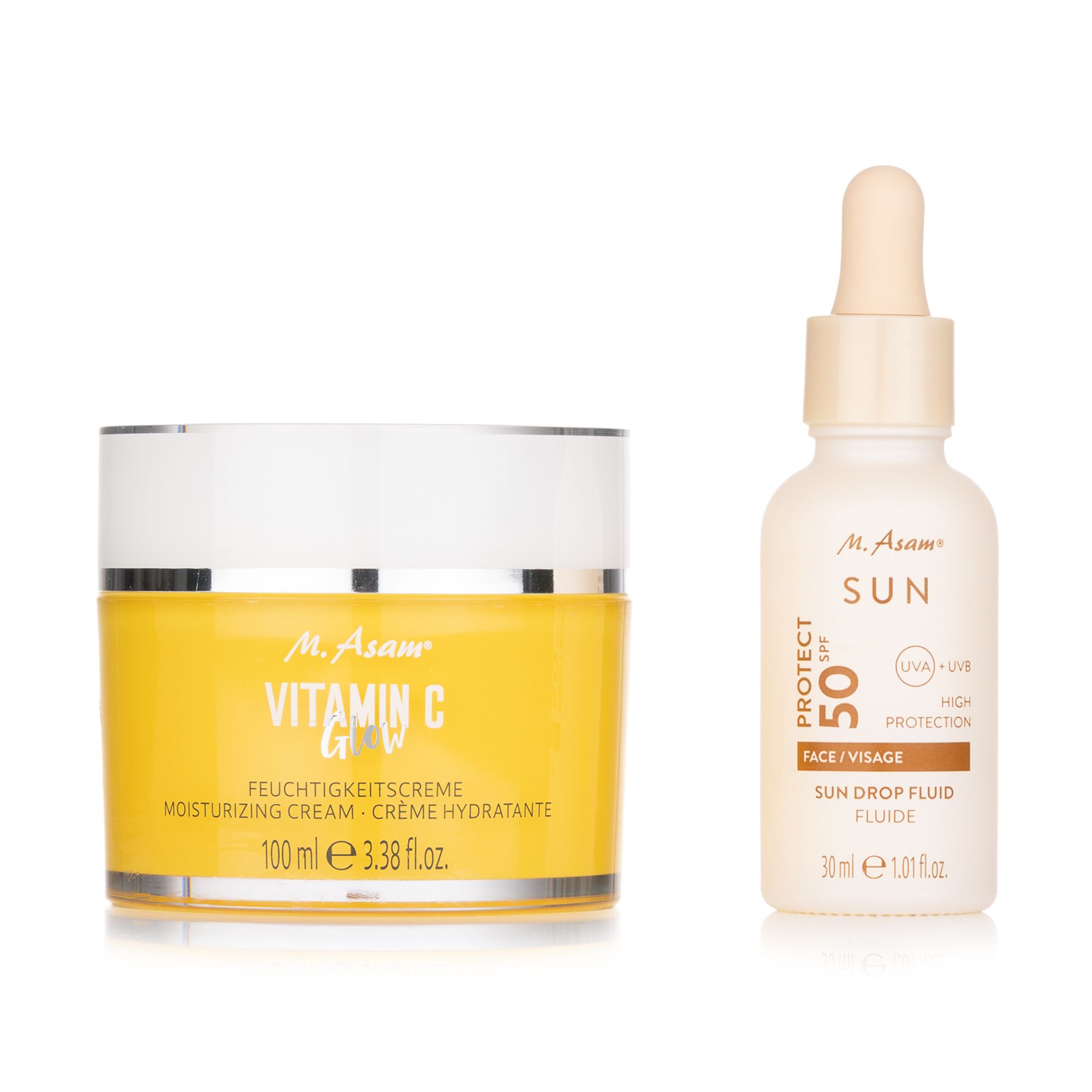 M.ASAM® Vitamin C Feuchtigkeitscreme Glow 100ml, Sun Drop Fluid SPF 50 30ml