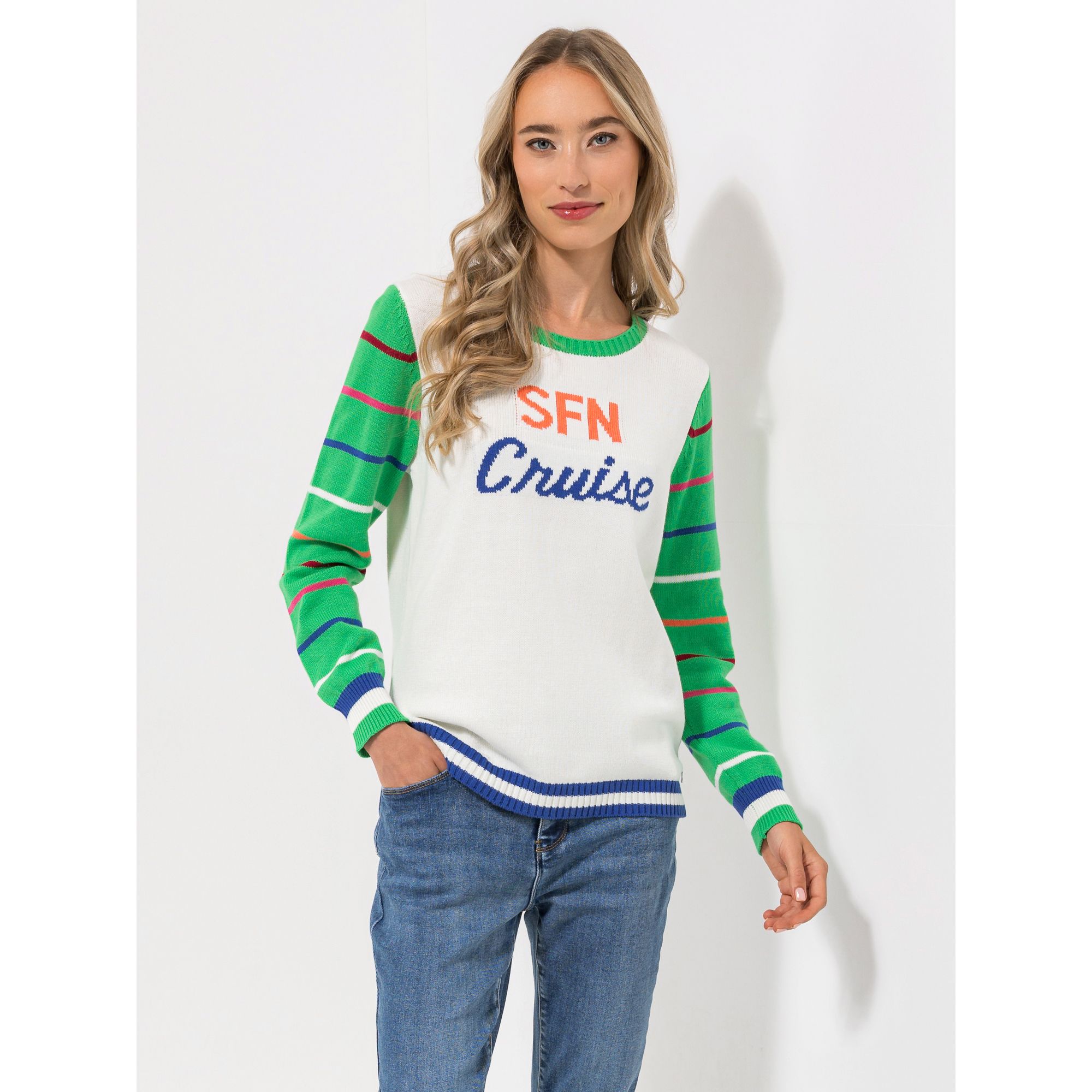 STRANDFEIN Pullover Rundhalsausschnitt gestreifte Ärmel Logo-Intarsie
