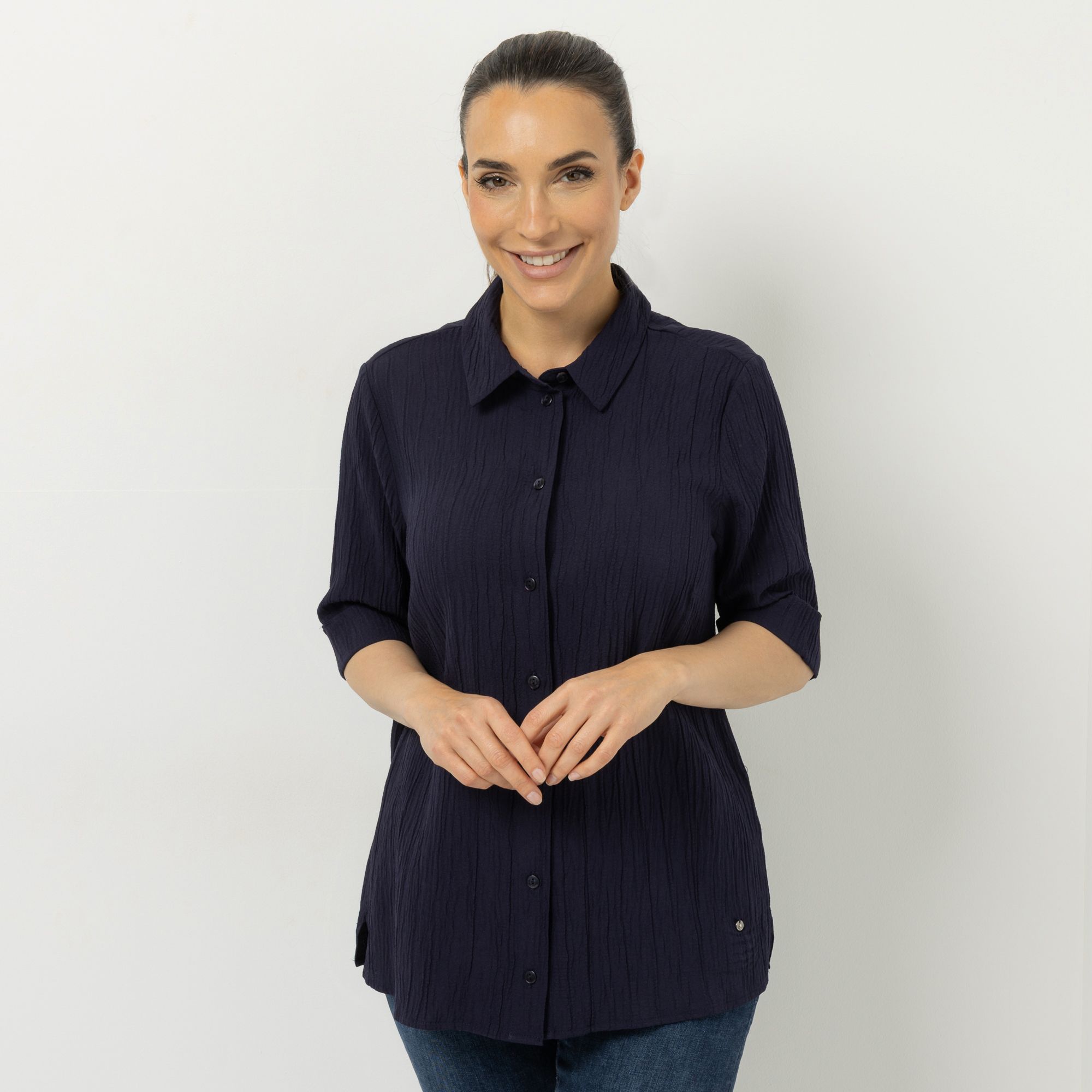 DINE 'N' DANCE Bluse, langer 1/2-Arm Struktur-Ware Knopfleiste leger weit