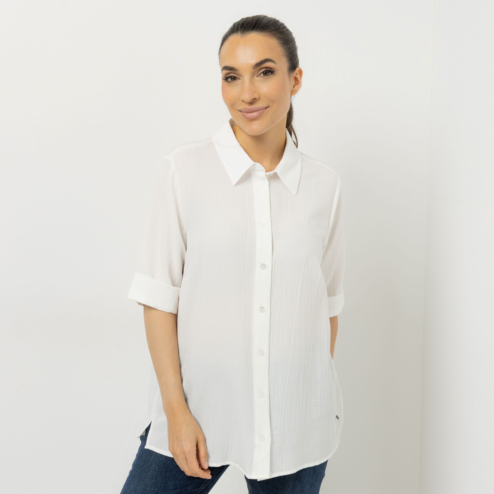 DINE 'N' DANCE Bluse, langer 1/2-Arm Struktur-Ware Knopfleiste leger weit
