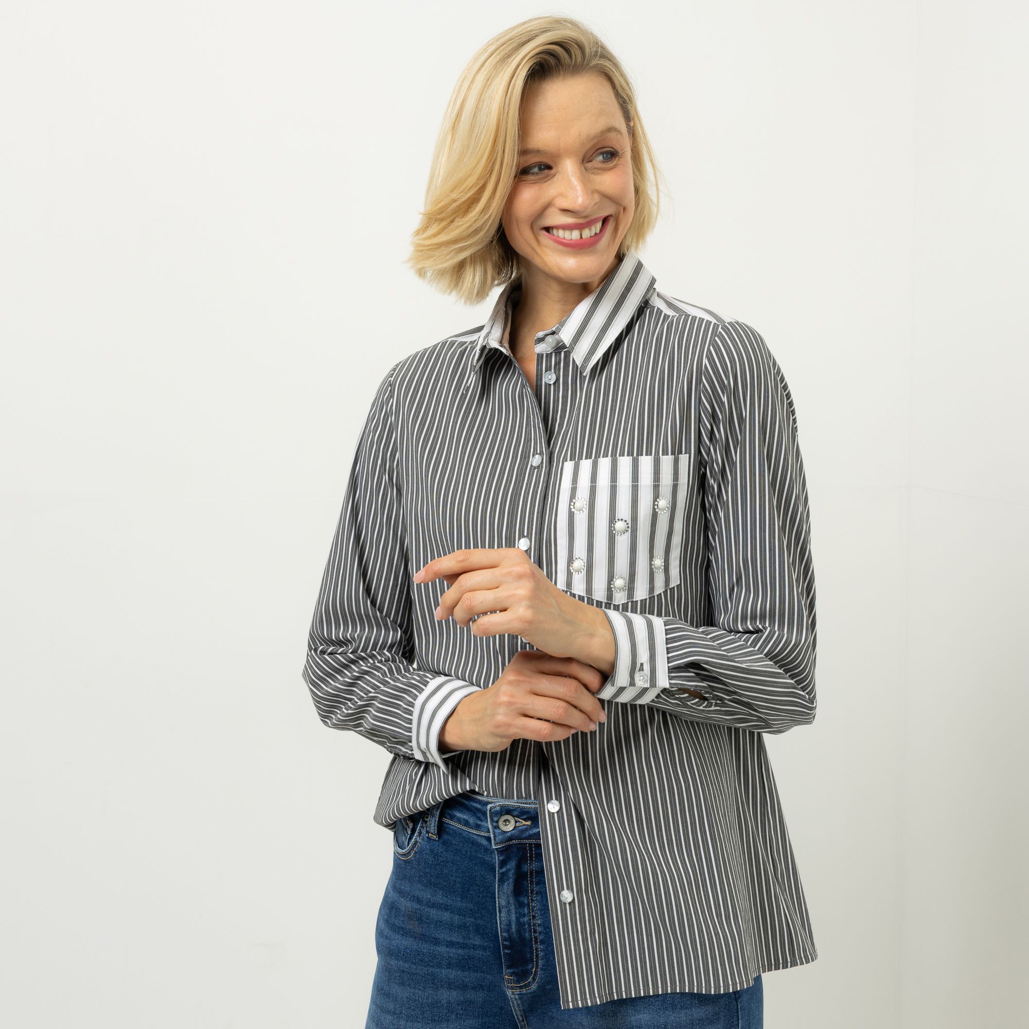 DINE 'N' DANCE Bluse, Langarm gestreift Blusenkragen leger weit