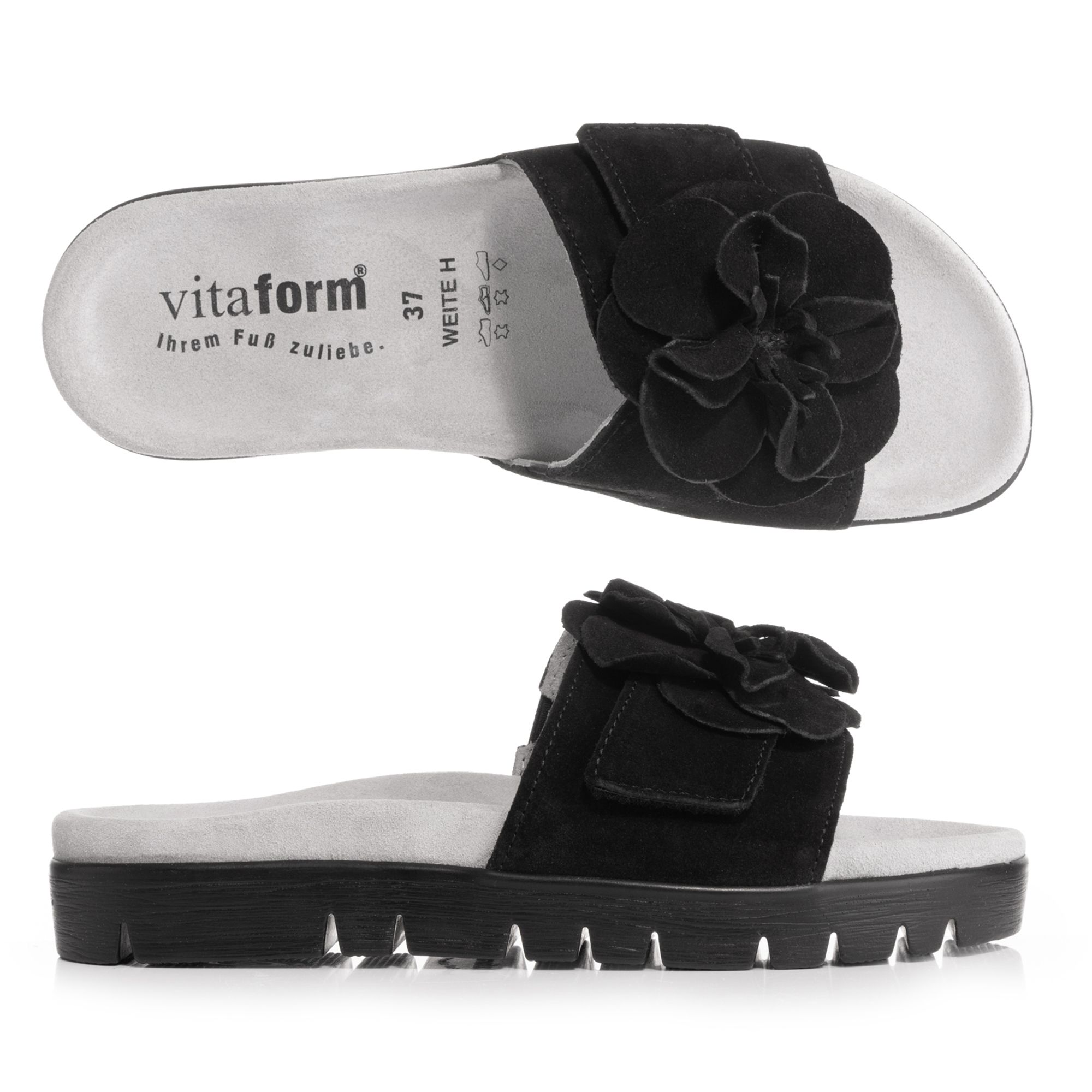 VITAFORM Damen-Pantolette Veloursleder Blume Sohle Lara