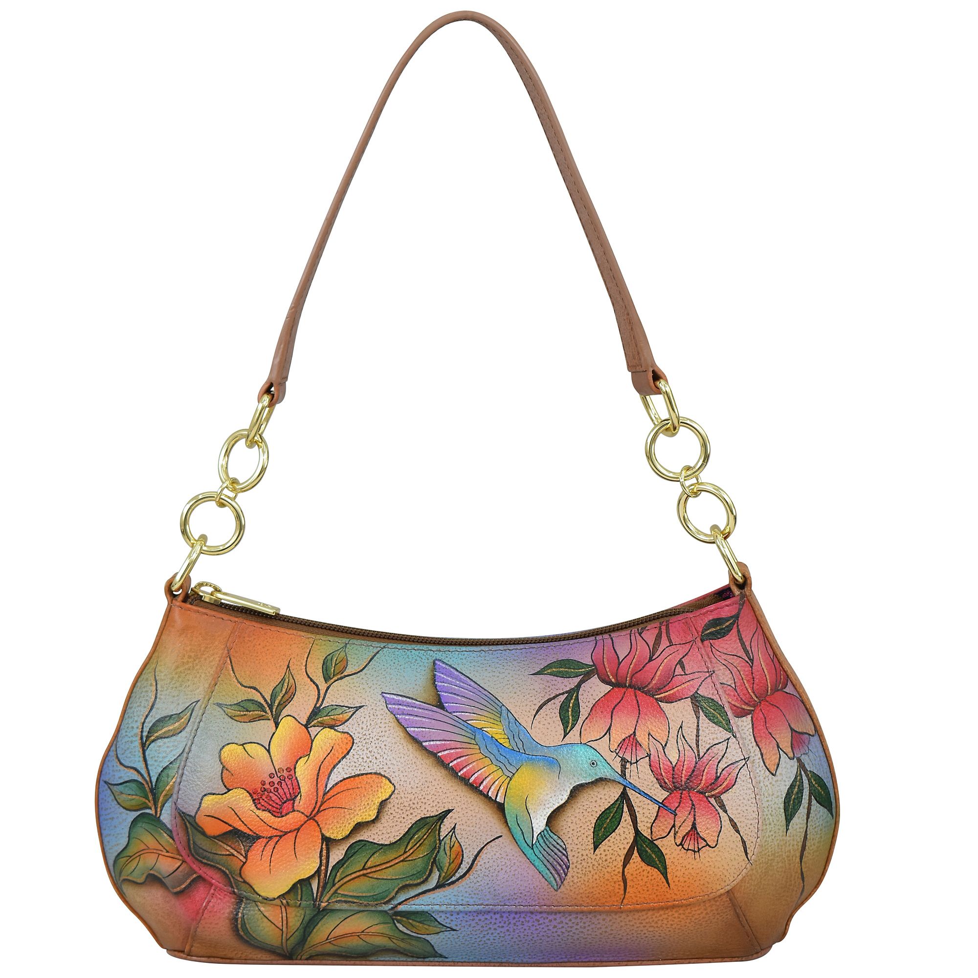 ANUSCHKA® Schultertasche echt Leder Kettendetails handbemalt