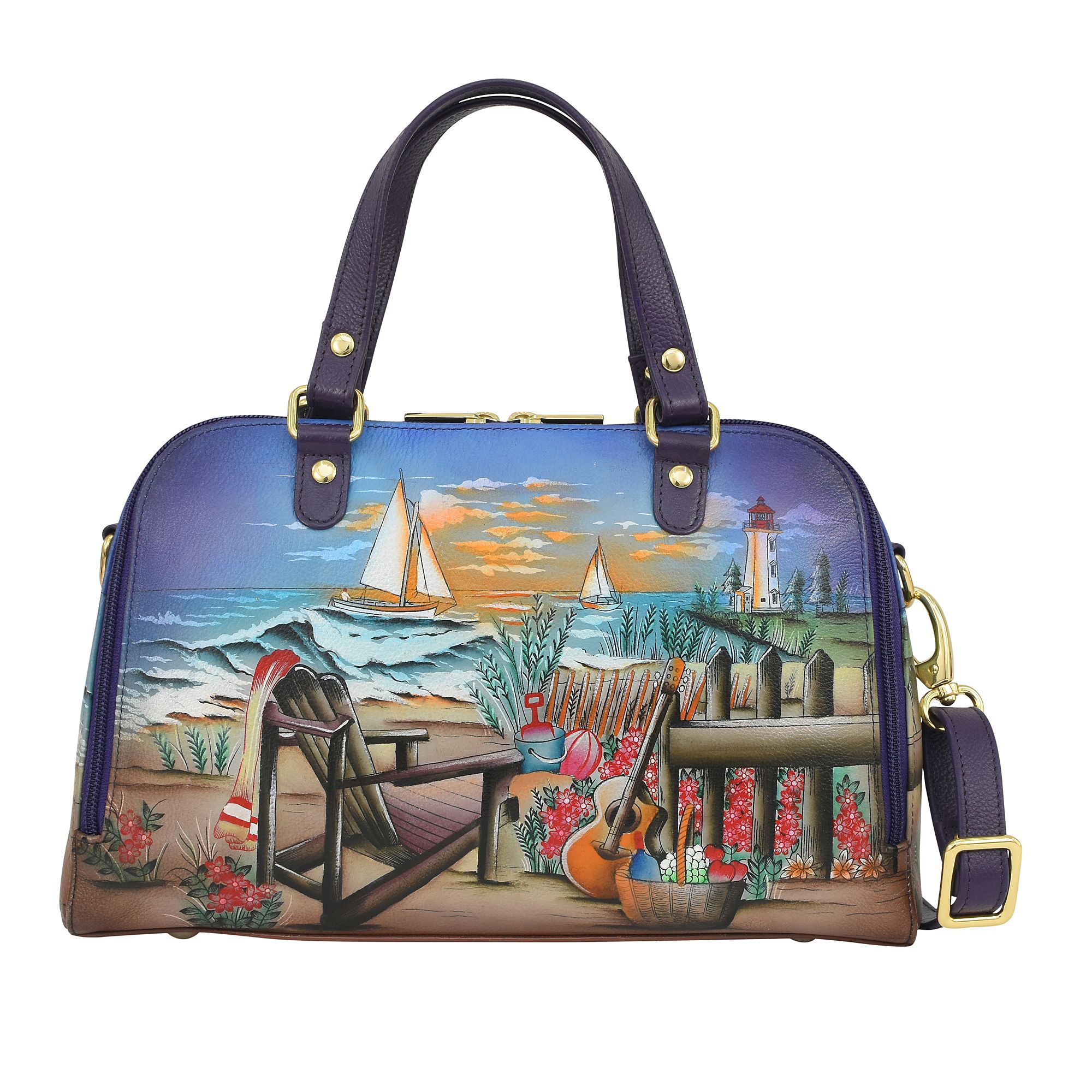 ANUSCHKA® Bowling Bag echt Leder 2-Wege-Zipper handbemalt