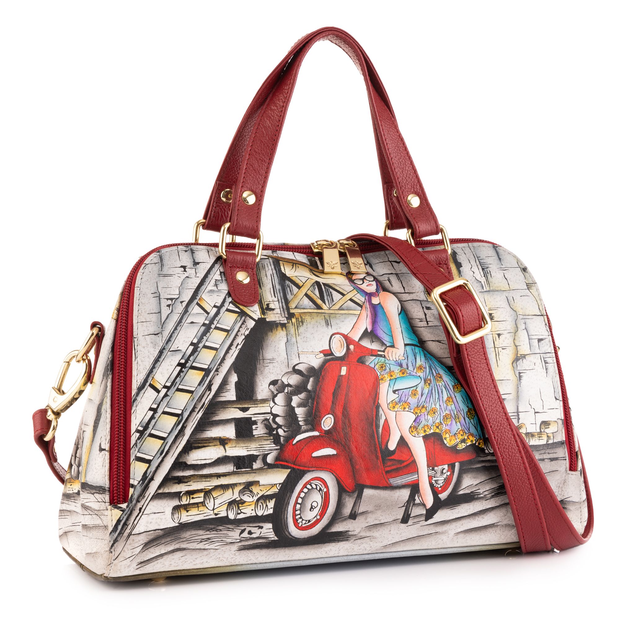 ANUSCHKA® Bowling Bag echt Leder 2-Wege-Zipper handbemalt