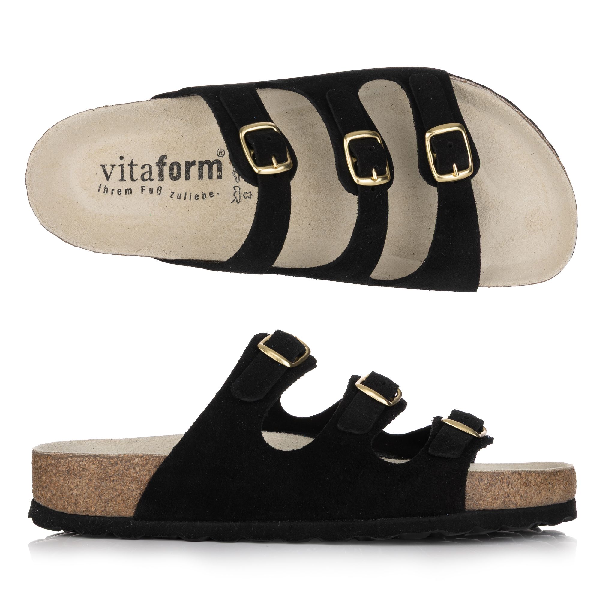 VITAFORM Damen-Pantolette echt Leder 3 Schnallen Tieffußbett