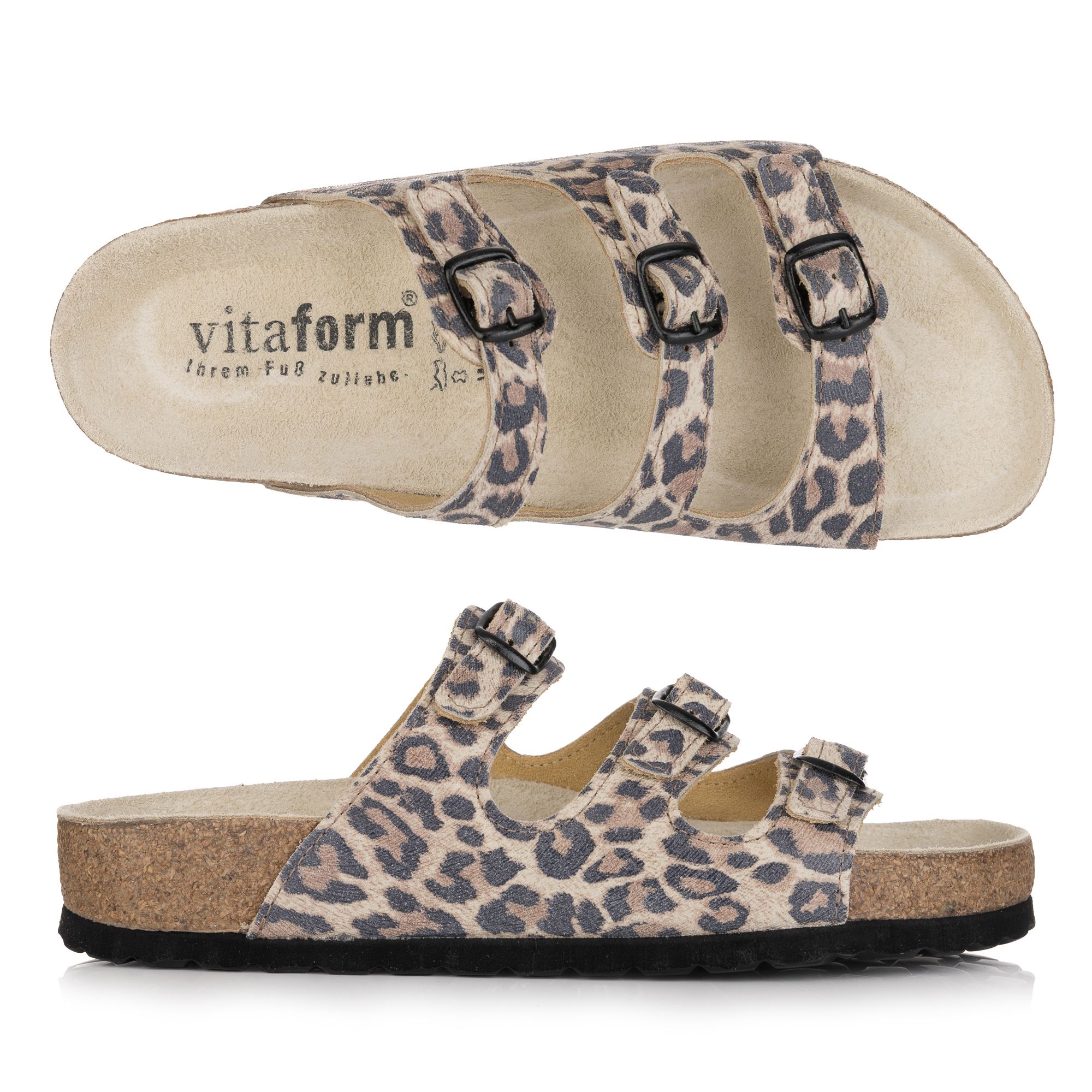 VITAFORM Damen-Pantolette echt Leder 3 Schnallen Tieffußbett