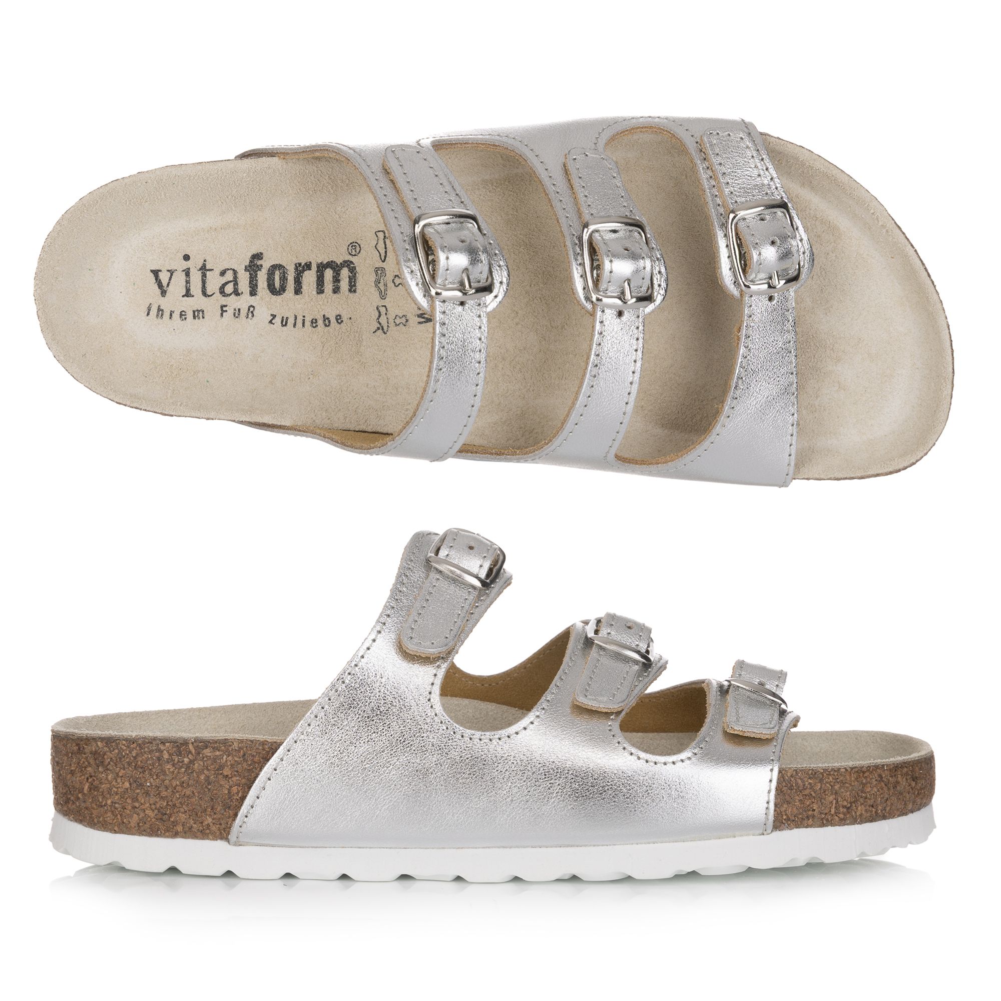VITAFORM Damen-Pantolette echt Leder 3 Schnallen Tieffußbett