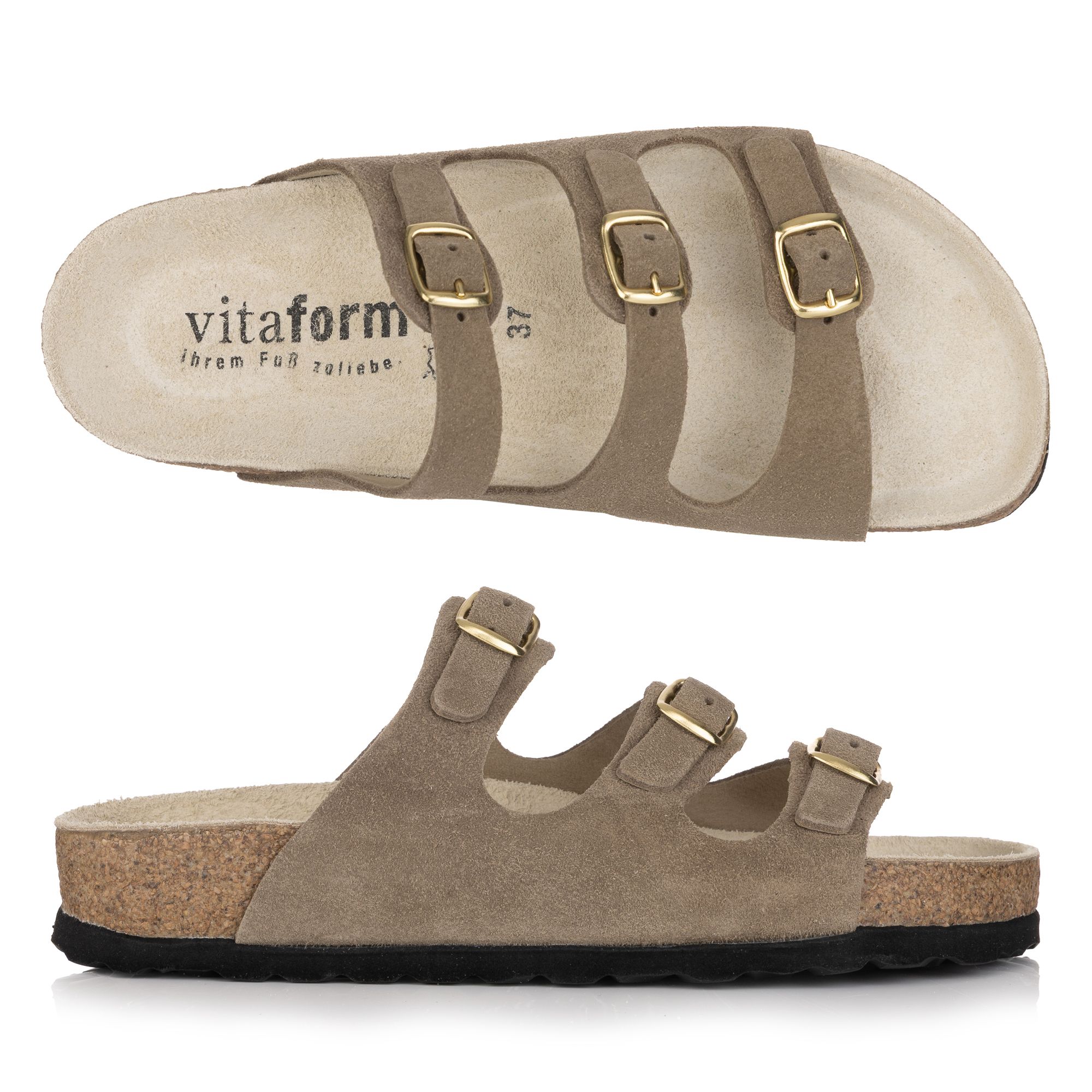 VITAFORM Damen-Pantolette echt Leder 3 Schnallen Tieffußbett
