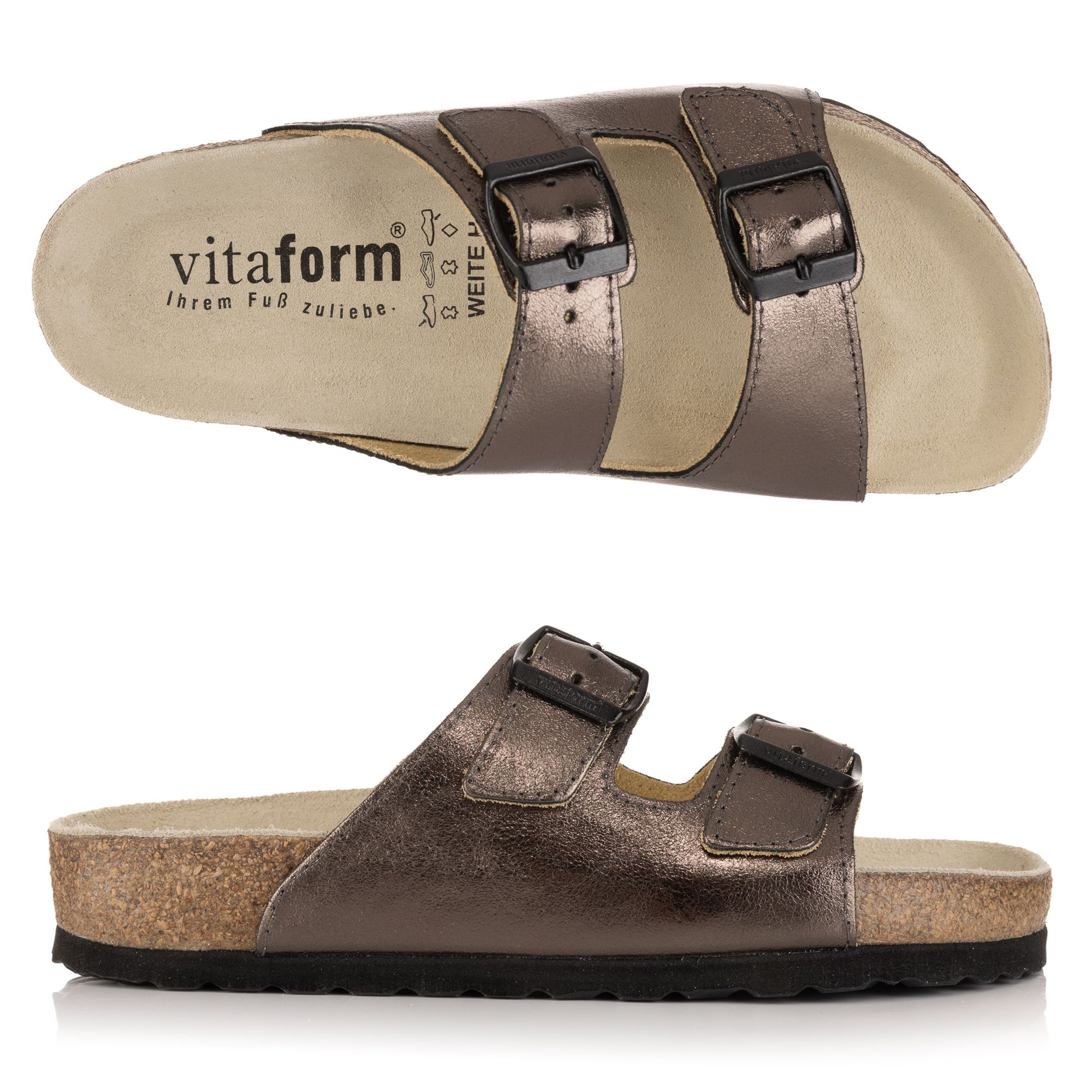 VITAFORM Damen-Pantolette Nappa Metallic 2 Schnaller Tieffußbett