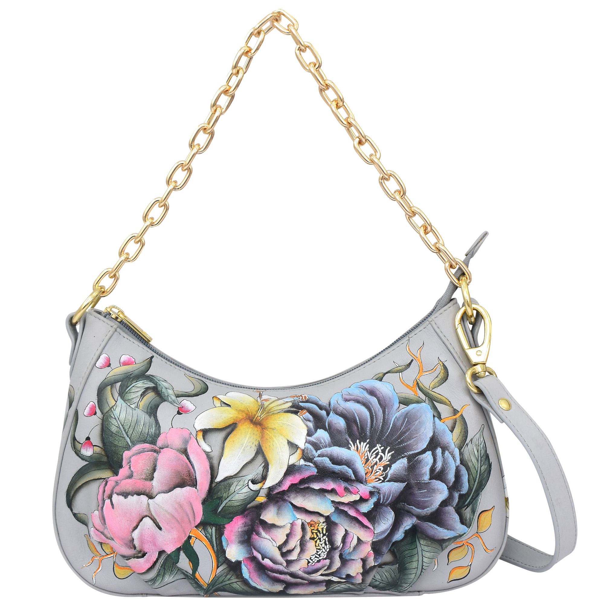 ANUSCHKA® Umhänge- Hobotasche echt Leder abnehmbarer Riemen handbemalt