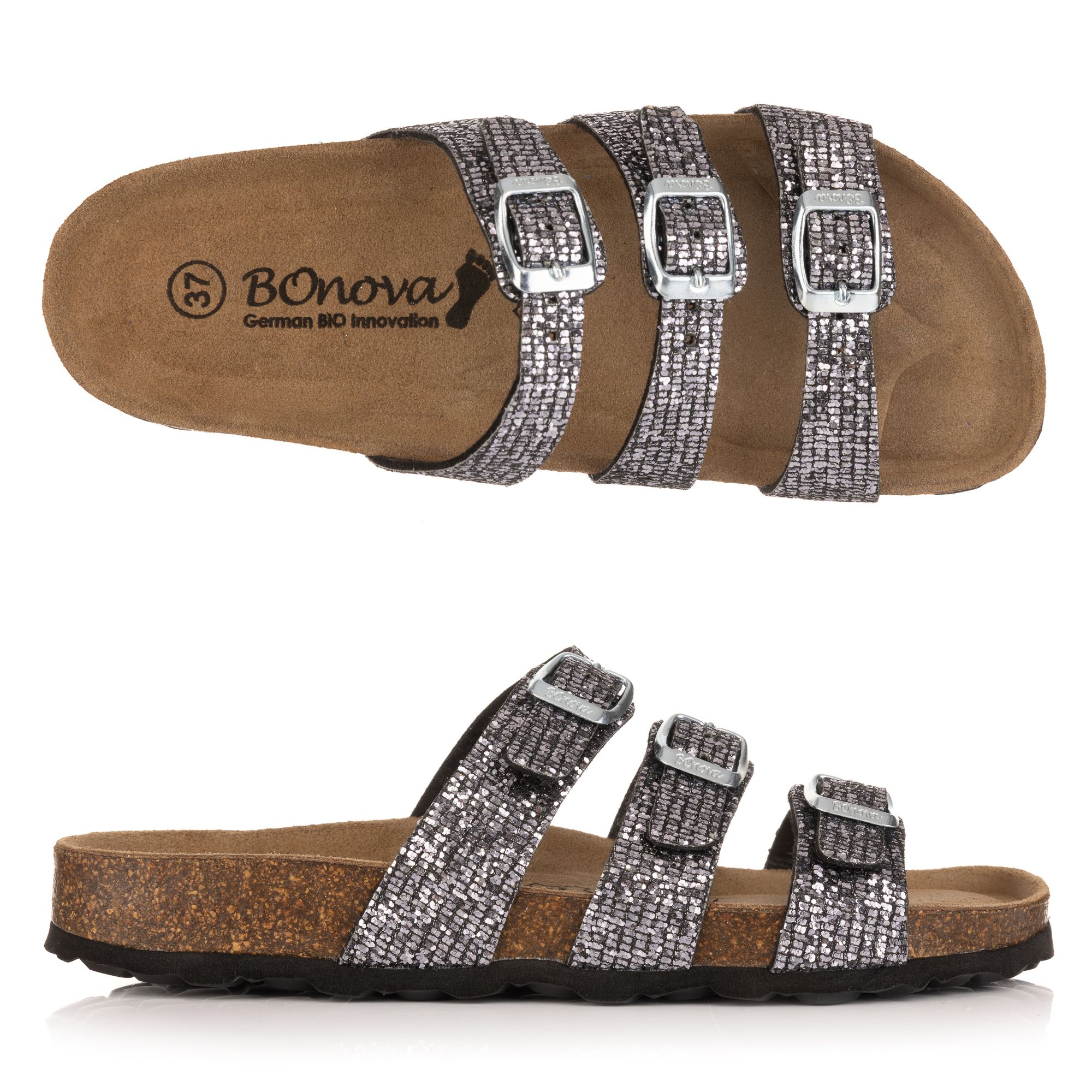 BONOVA Damen-Pantolette Glitzer-Brokat 3 verstellbare Riemen Super-Soft-Fußbett