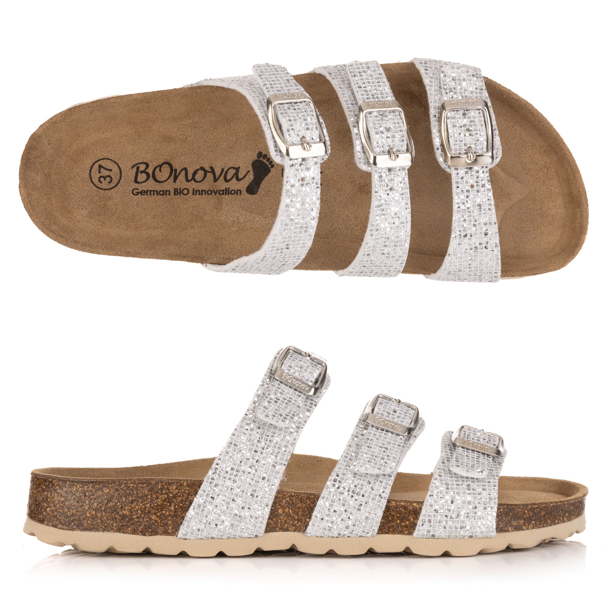 BONOVA Damen-Pantolette Glitzer-Brokat 3 verstellbare Riemen Super-Soft-Fußbett