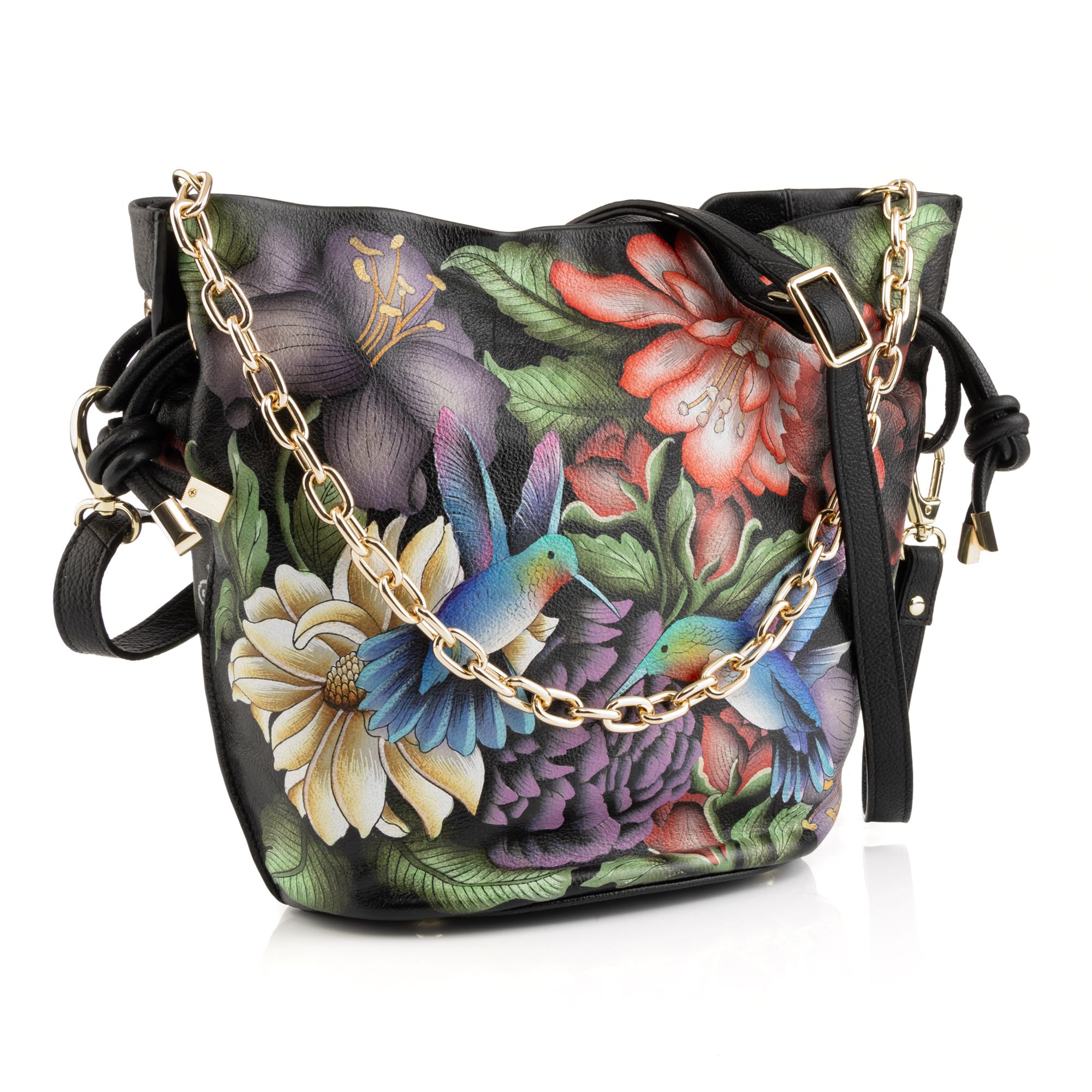 ANUSCHKA® Schultertasche echt Leder Handyfach handbemalt