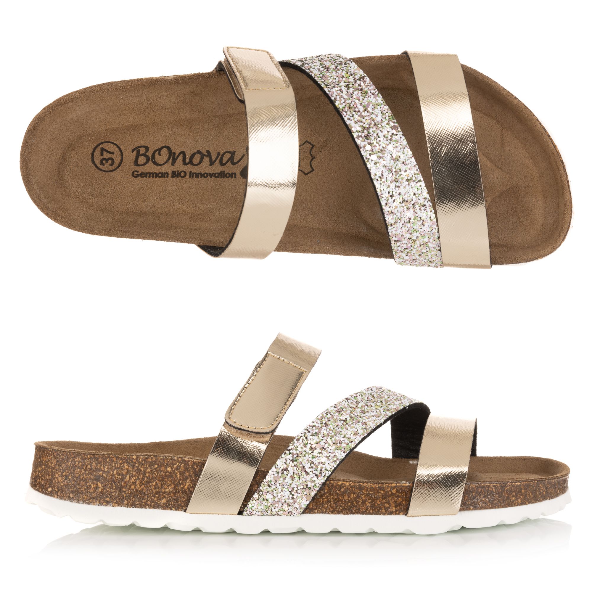 BONOVA Damen-Pantolette Bonoperlato Glitzer Klettverschluss Super-Soft-Fußbett