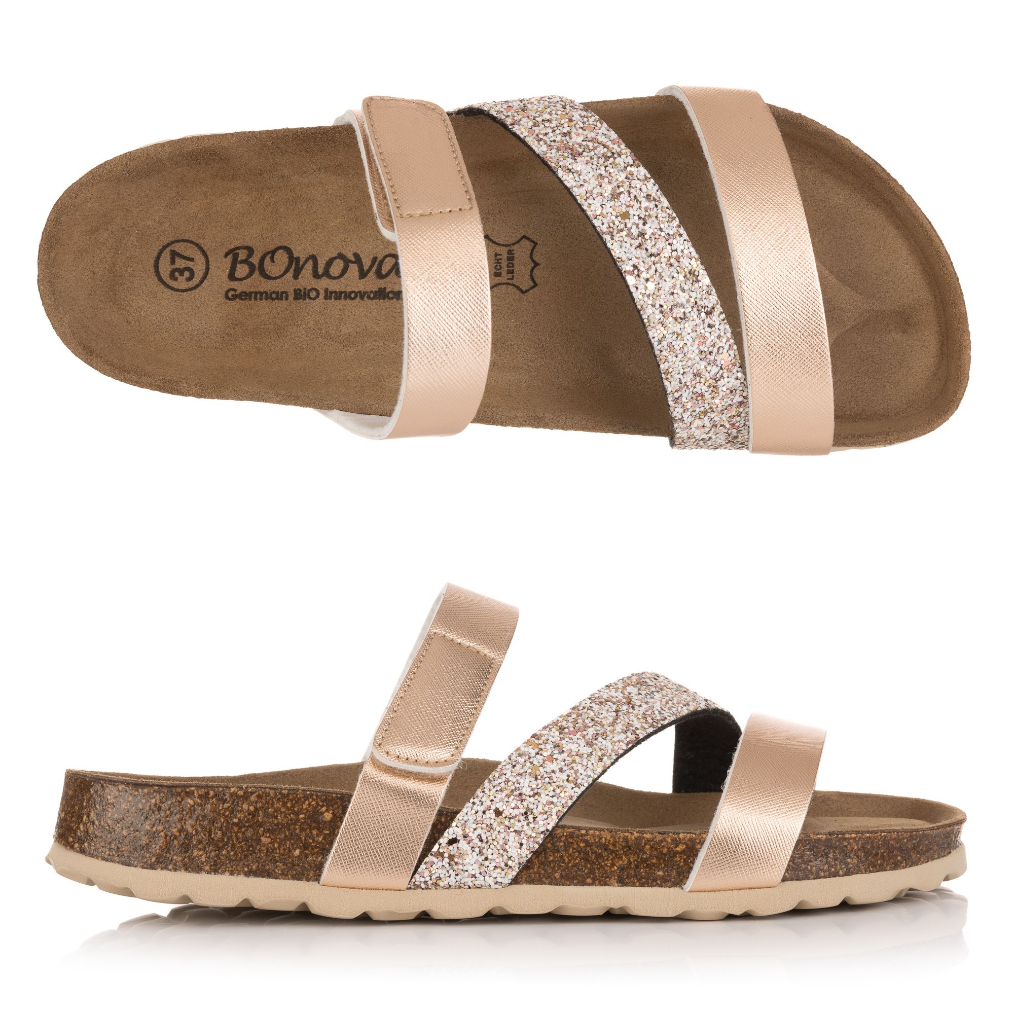 BONOVA Damen-Pantolette Bonoperlato Glitzer Klettverschluss Super-Soft-Fußbett