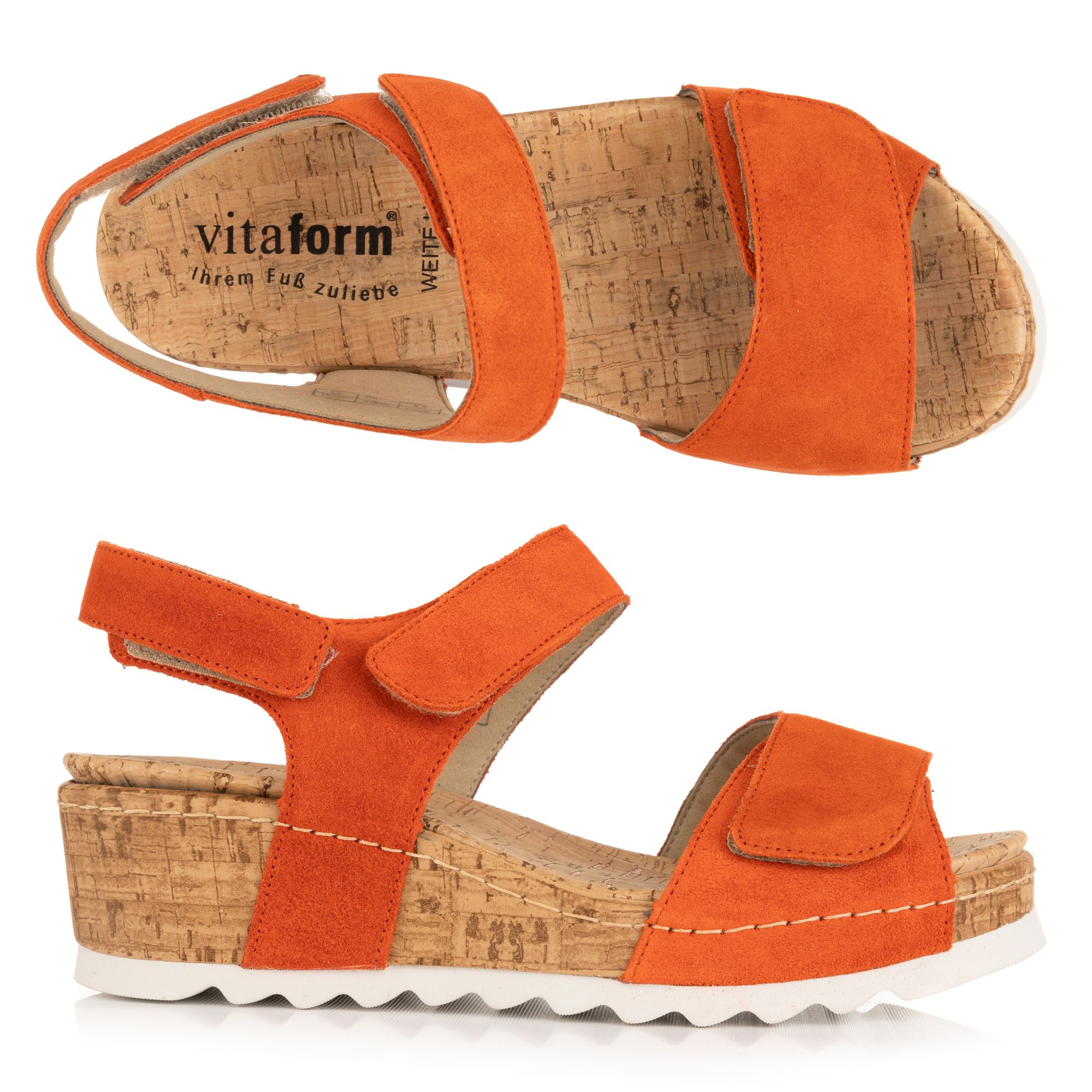 VITAFORM Damen-Sandale Veloursleder Klettverschlüsse Sohle Korkoptik