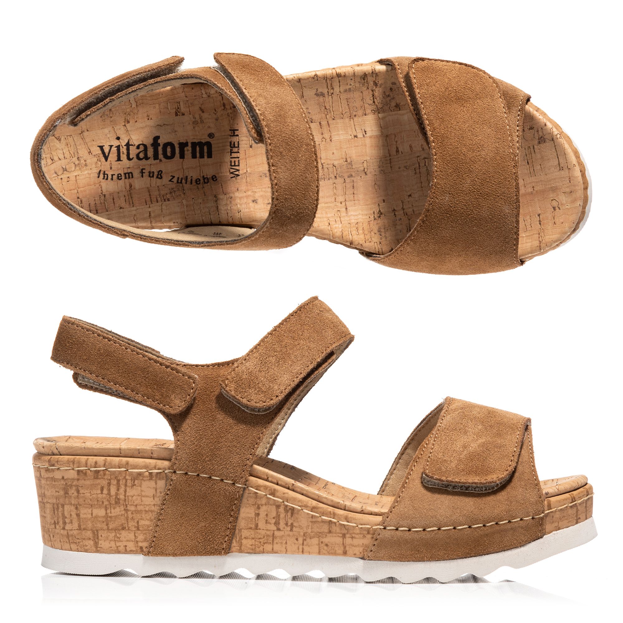 VITAFORM Damen-Sandale Veloursleder Klettverschlüsse Sohle Korkoptik