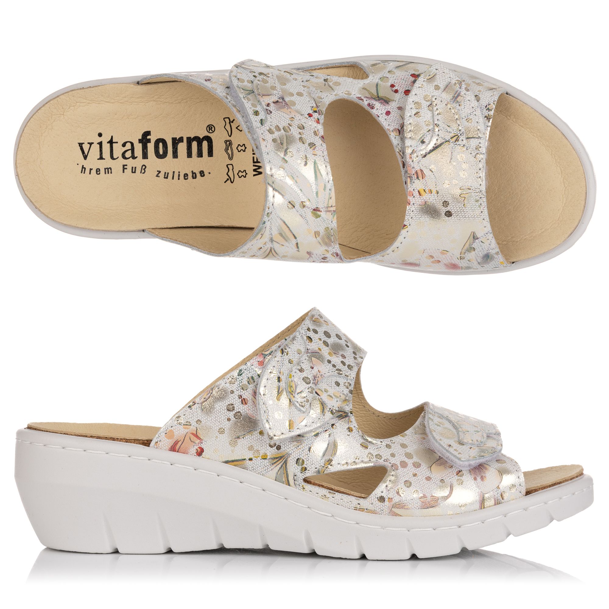 VITAFORM Damen- Pantolette echt Leder 2 Klettverschlüsse Keilsohle