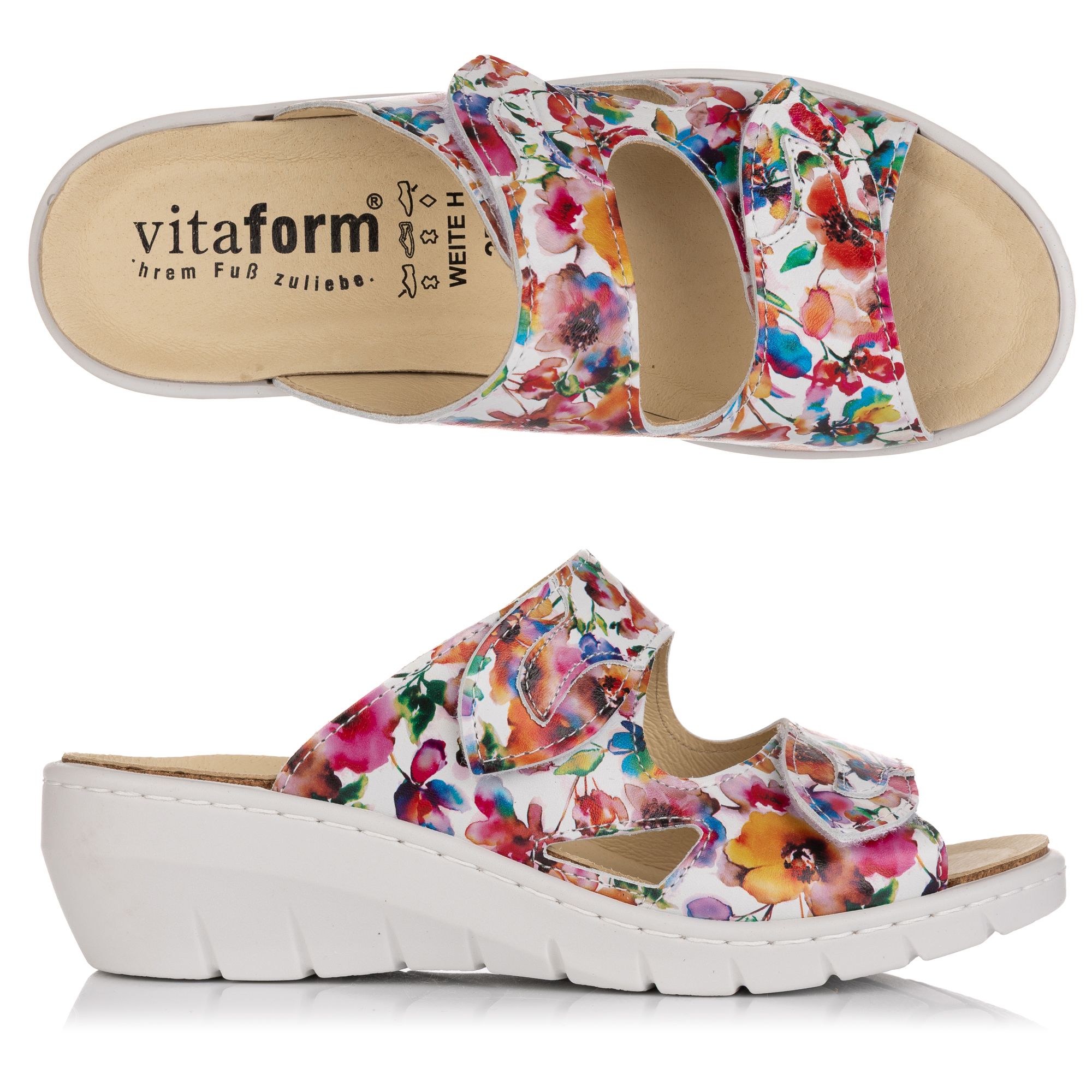 VITAFORM Damen- Pantolette echt Leder 2 Klettverschlüsse Keilsohle