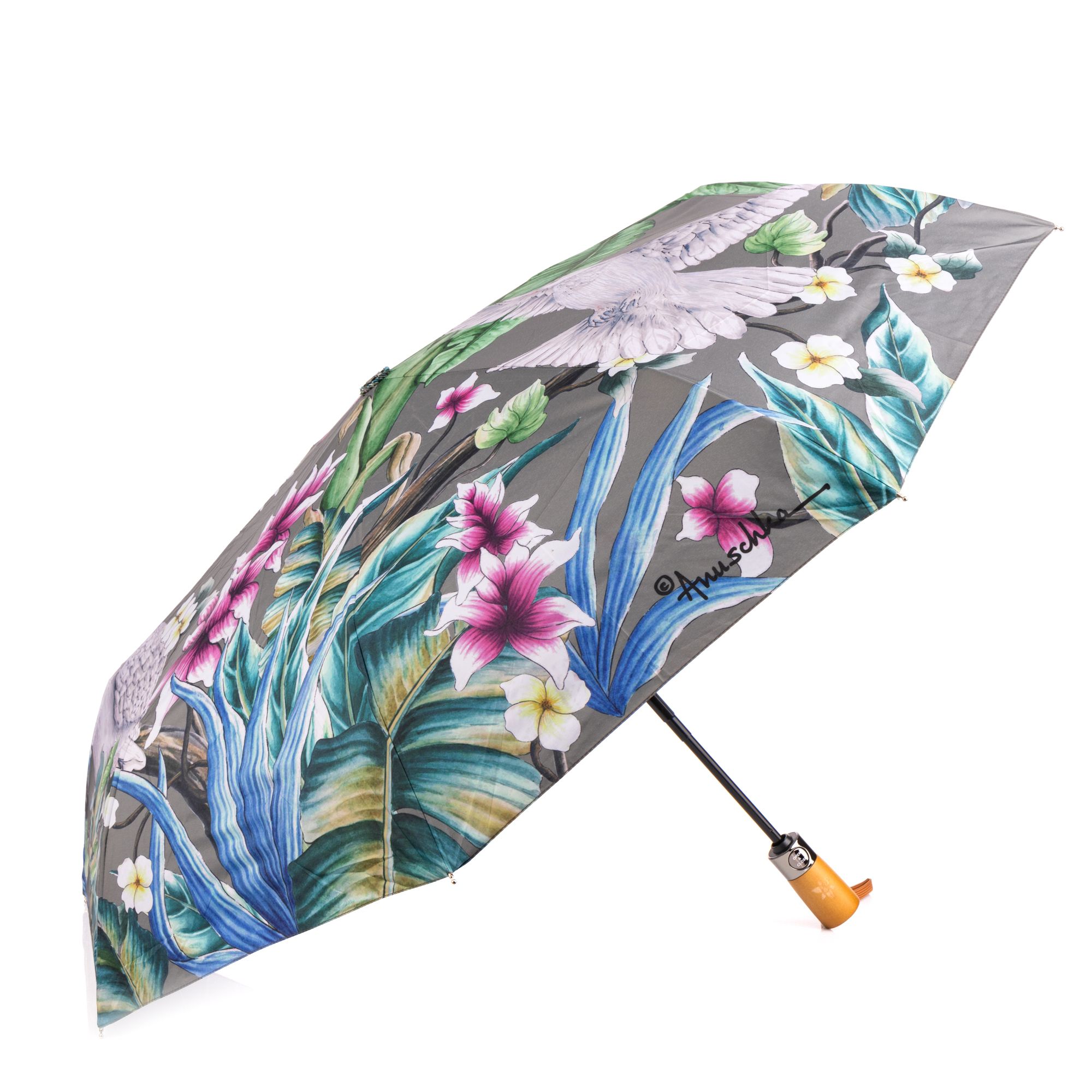 ANUSCHKA® Regenschirm Holzgriff Handschlaufe Knopf zum Bedienen