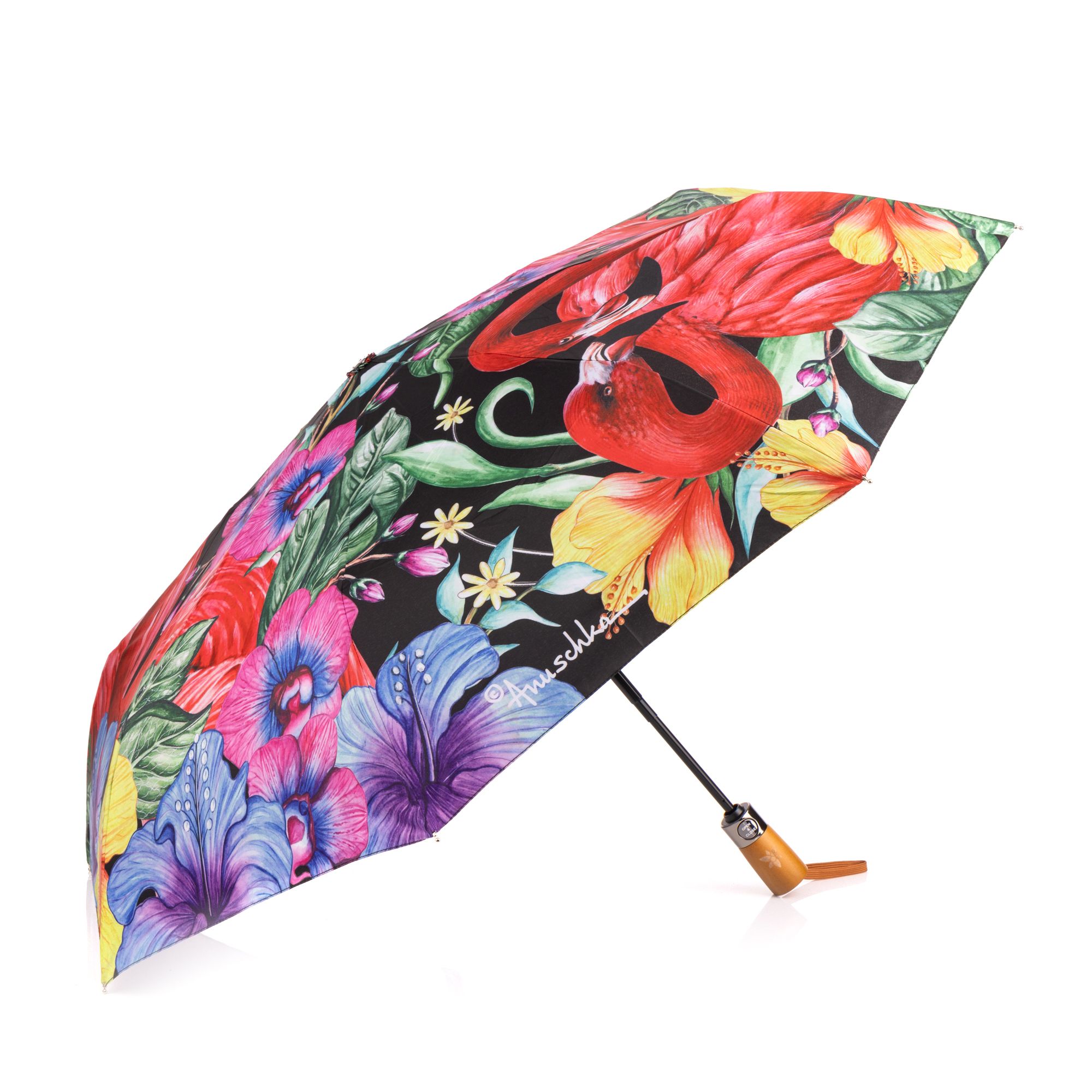 ANUSCHKA® Regenschirm Holzgriff Handschlaufe Knopf zum Bedienen