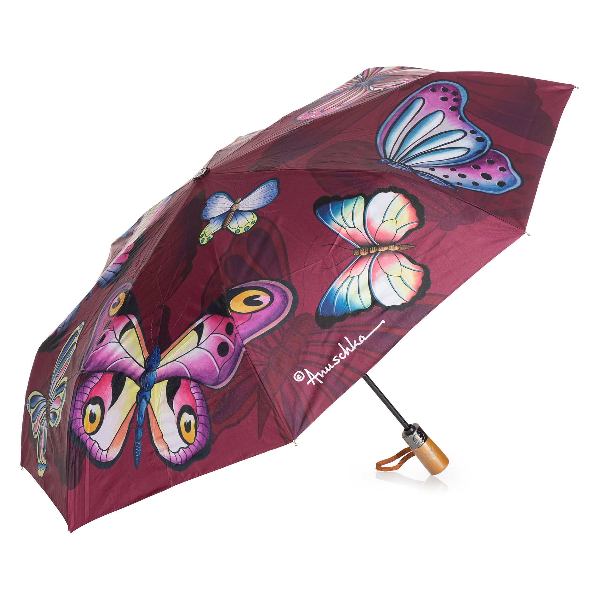 ANUSCHKA® Regenschirm Holzgriff Handschlaufe Knopf zum Bedienen