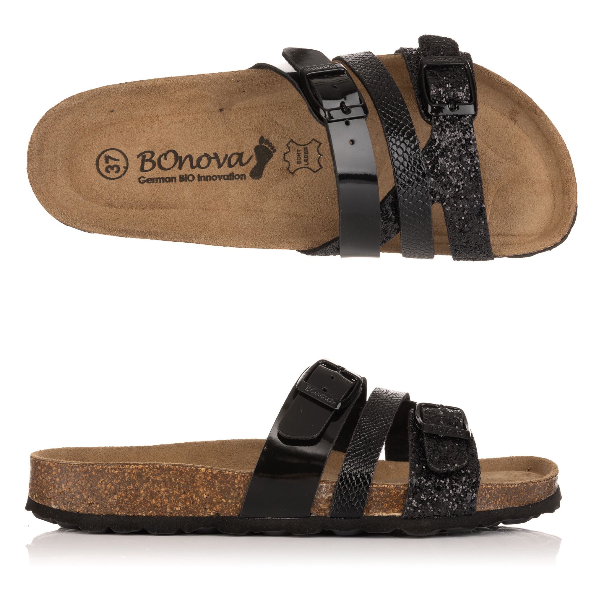 BONOVA Damen-Pantolette Metallic-Optik 2 verstellbare Riemen Super-Soft-Fußbett