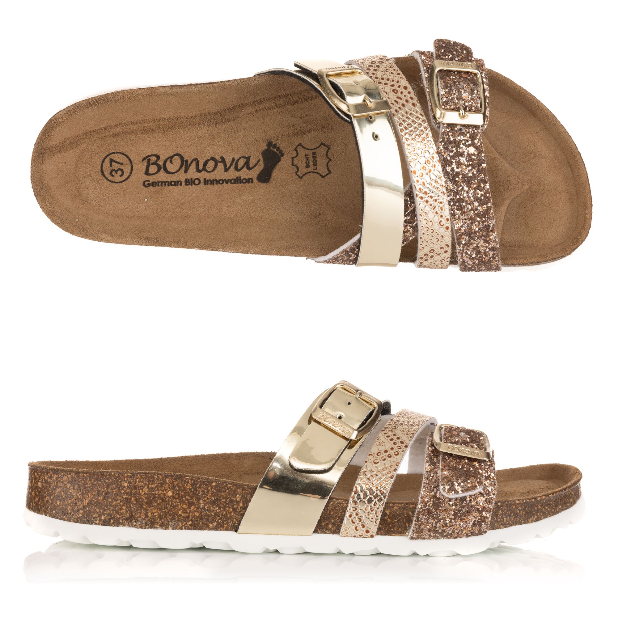 BONOVA Damen-Pantolette Metallic-Optik 2 verstellbare Riemen Super-Soft-Fußbett