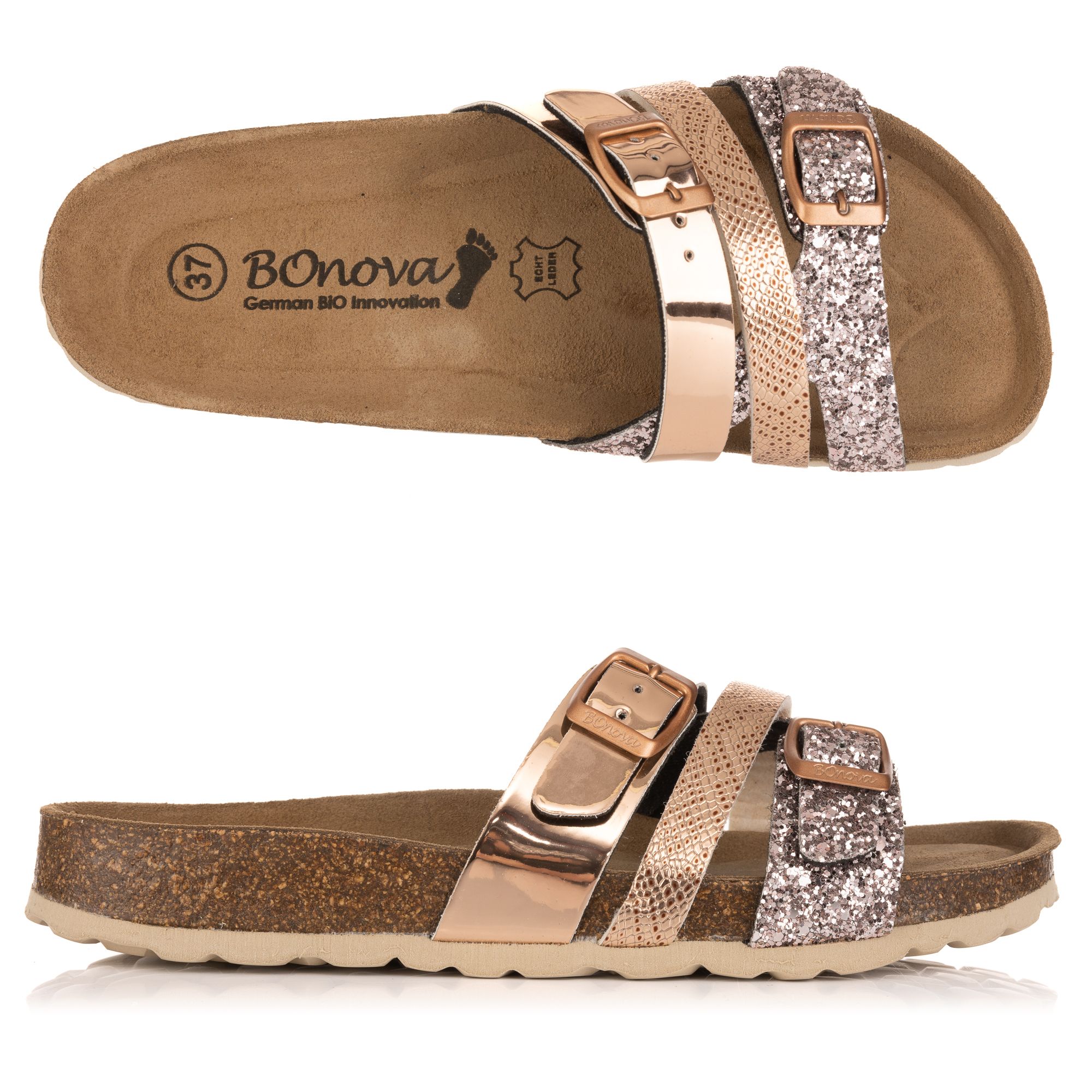 BONOVA Damen-Pantolette Metallic-Optik 2 verstellbare Riemen Super-Soft-Fußbett