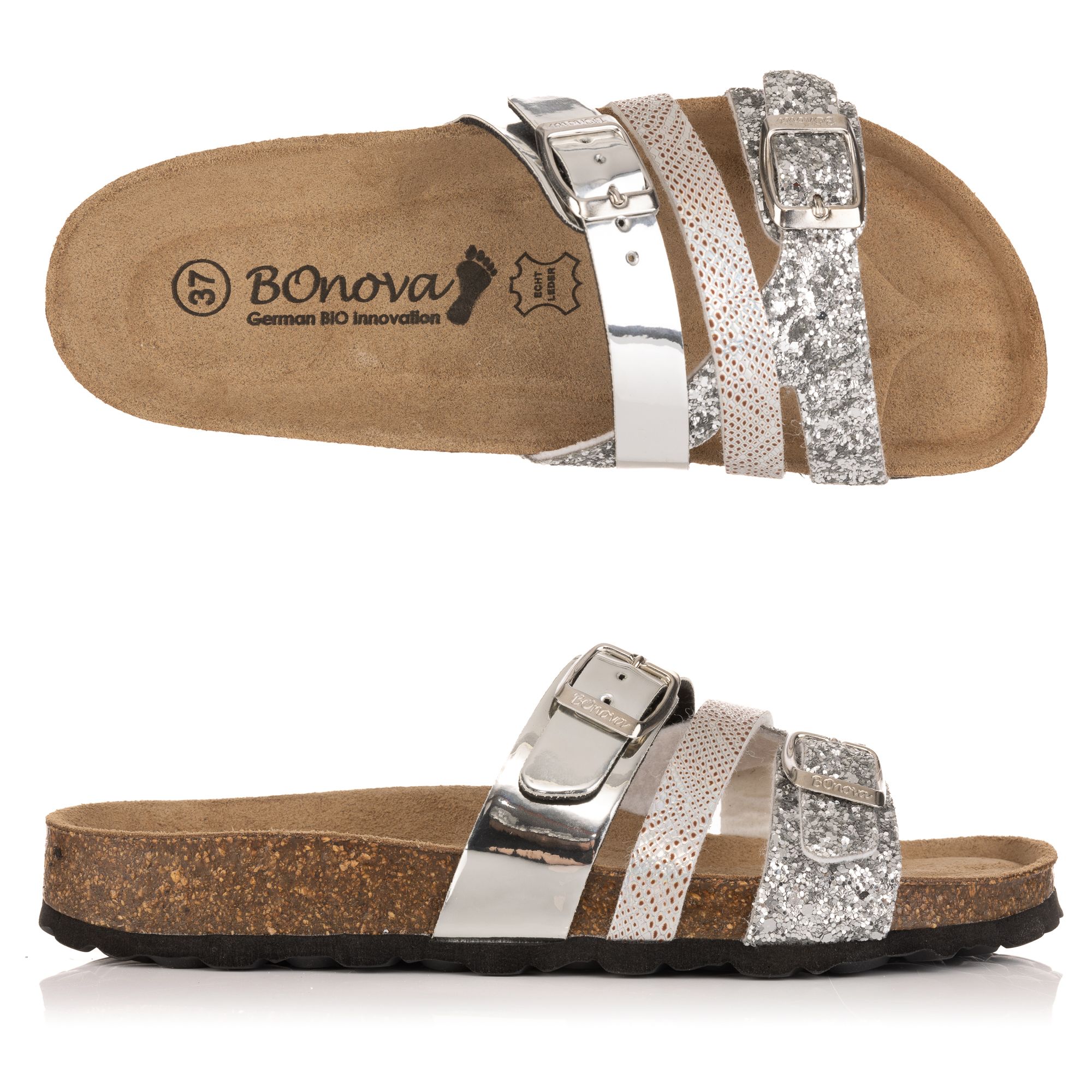 BONOVA Damen-Pantolette Metallic-Optik 2 verstellbare Riemen Super-Soft-Fußbett