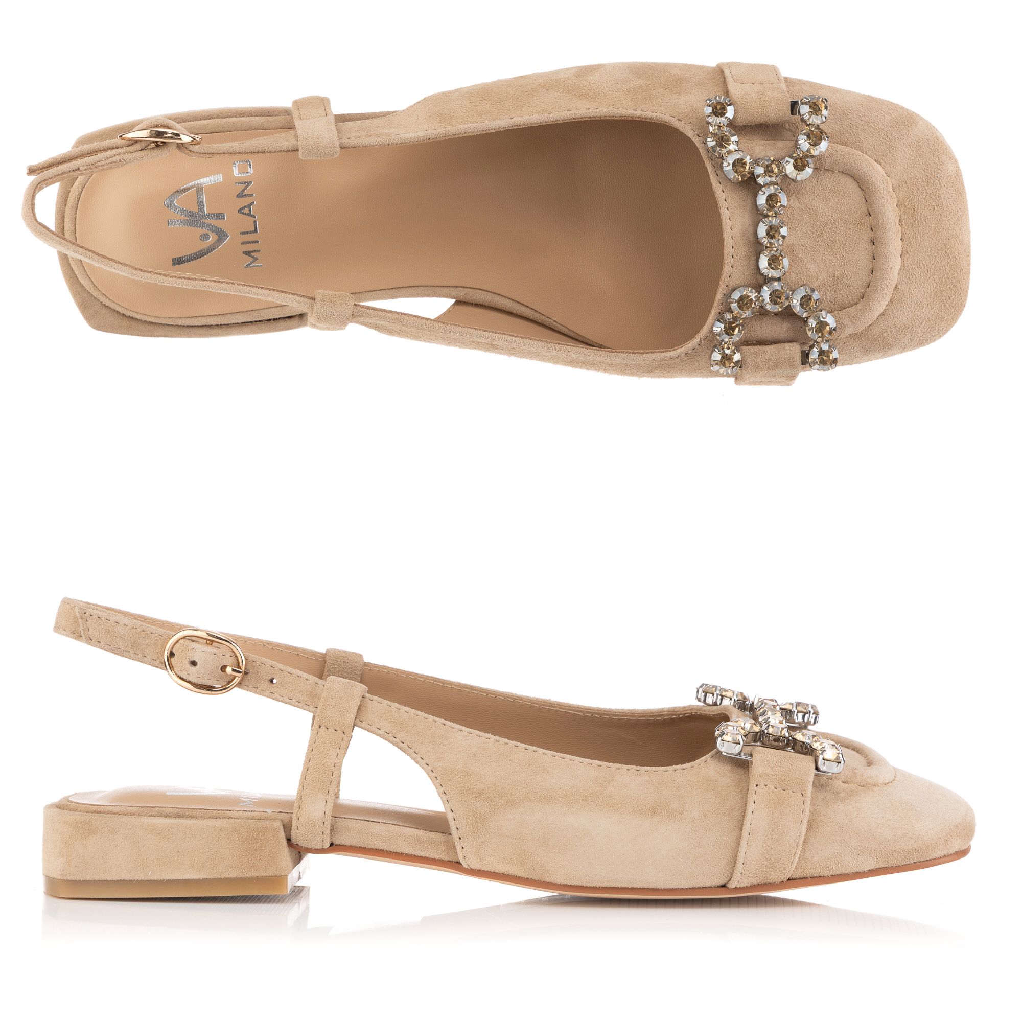 VIA MILANO Damen-Pump offen echt Leder Strass-Schnalle Absatz ca. 2 cm