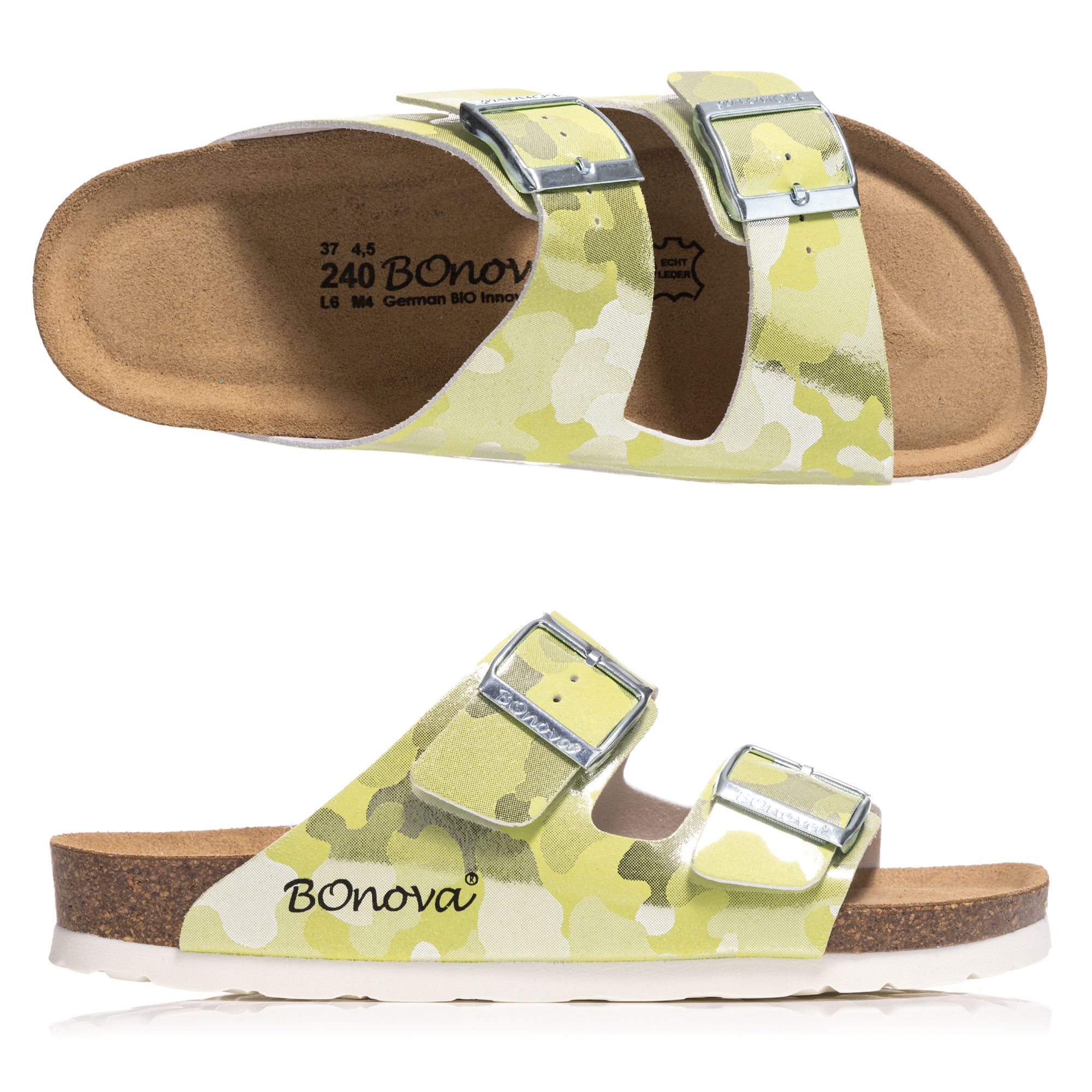 BONOVA Damen-Pantolette Metallic-Optik 2 verstellbare Riemen Super-Soft-Fußbett