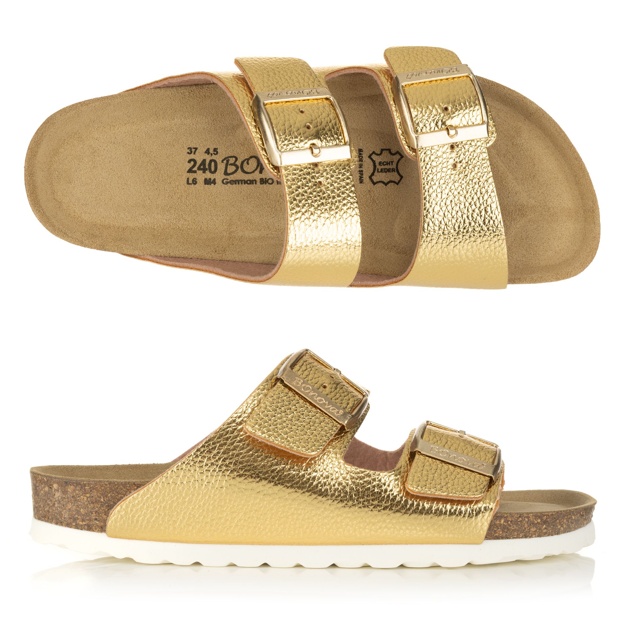 BONOVA Damen-Pantolette Metallic-Optik 2 verstellbare Riemen Super-Soft-Fußbett