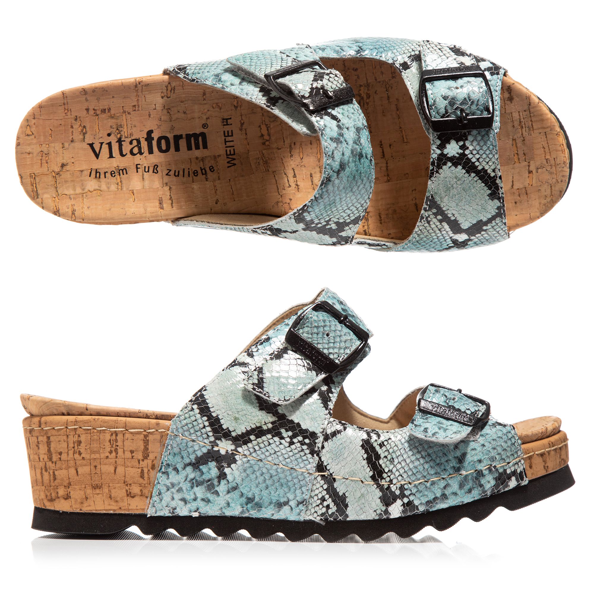 VITAFORM Damen-Pantolette Kalbsnappaleder Schlangenoptik Keilsohle