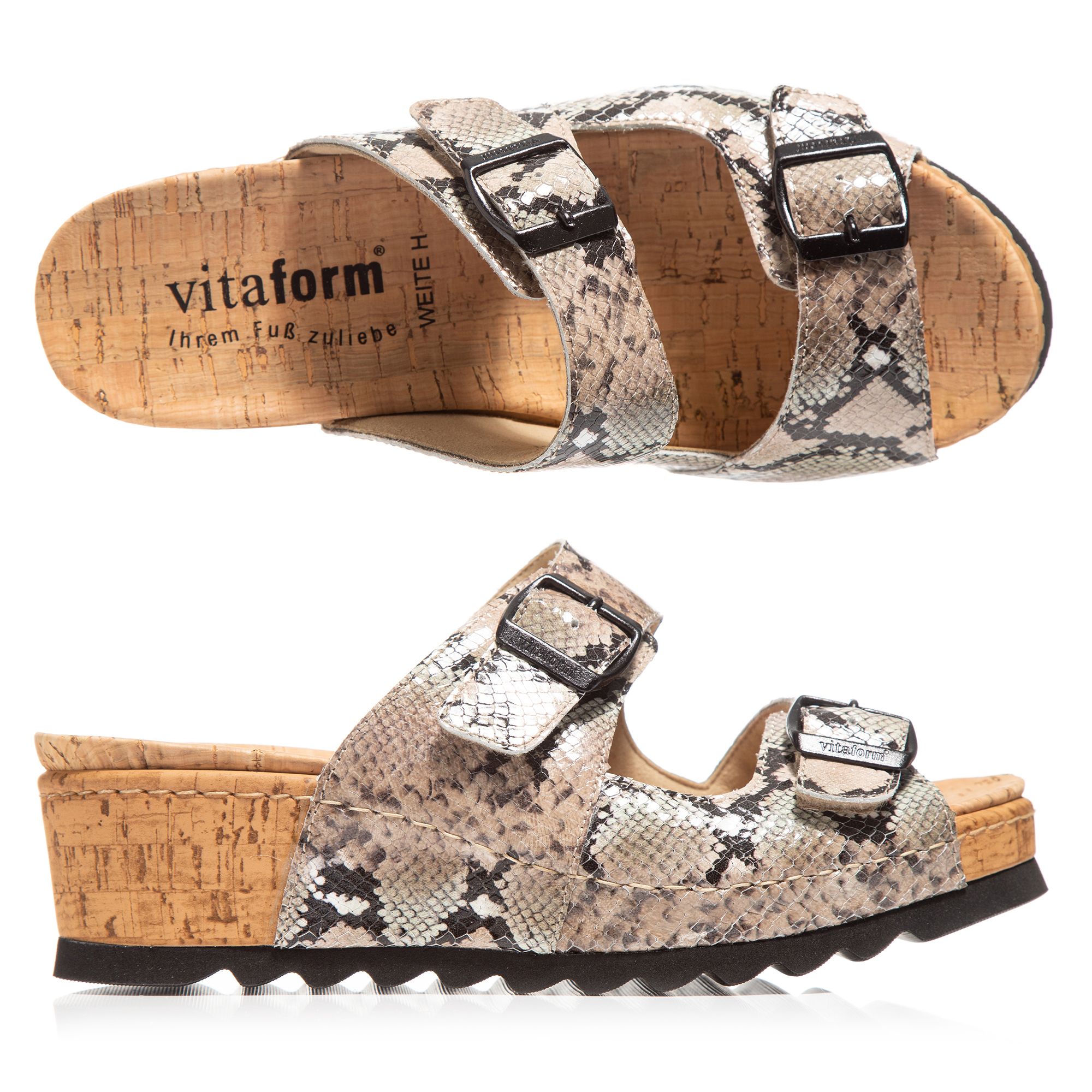 VITAFORM Damen-Pantolette Kalbsnappaleder Schlangenoptik Keilsohle