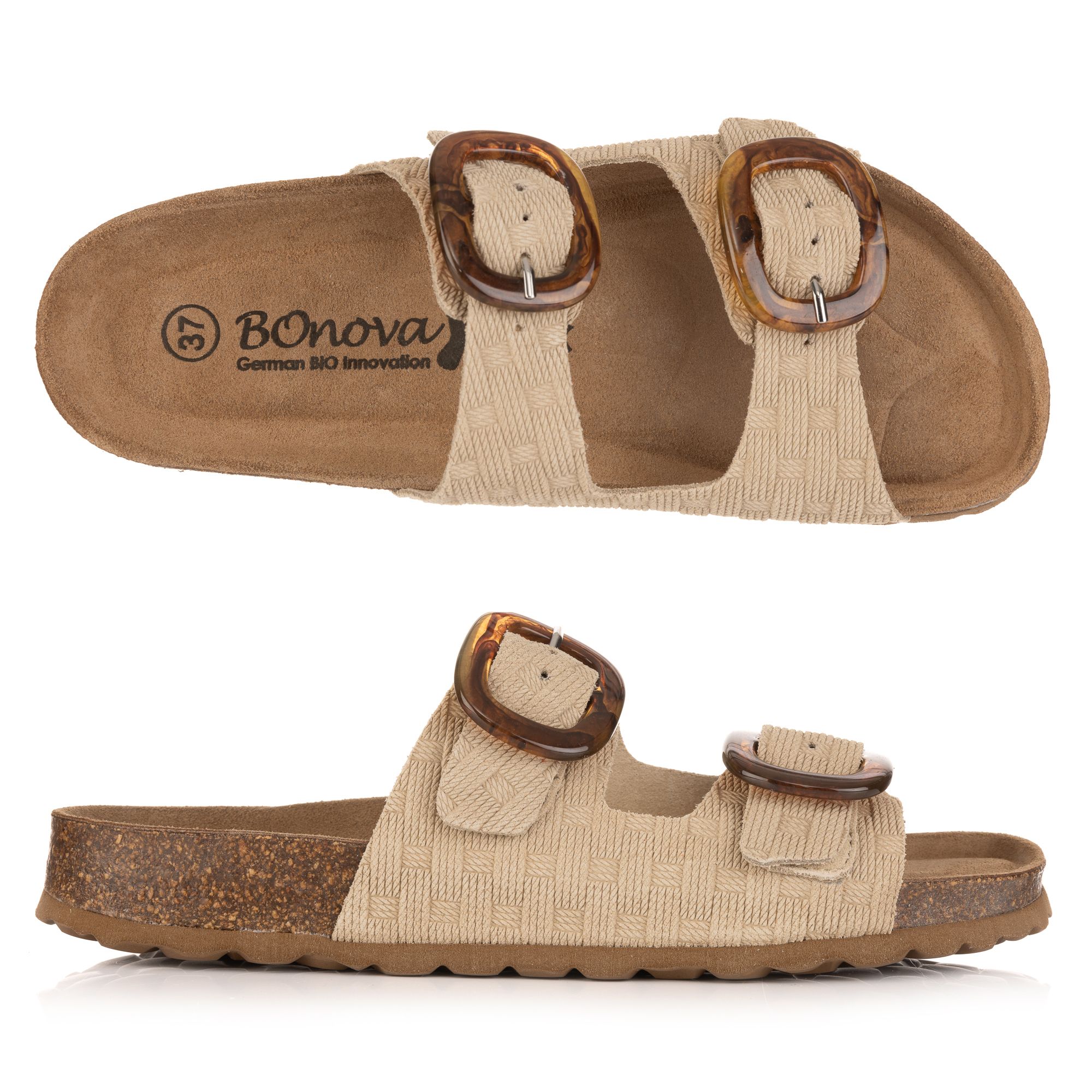 BONOVA Damen-Pantolette echt Leder 2 verstellbare Riemen Super-Soft-Fußbett