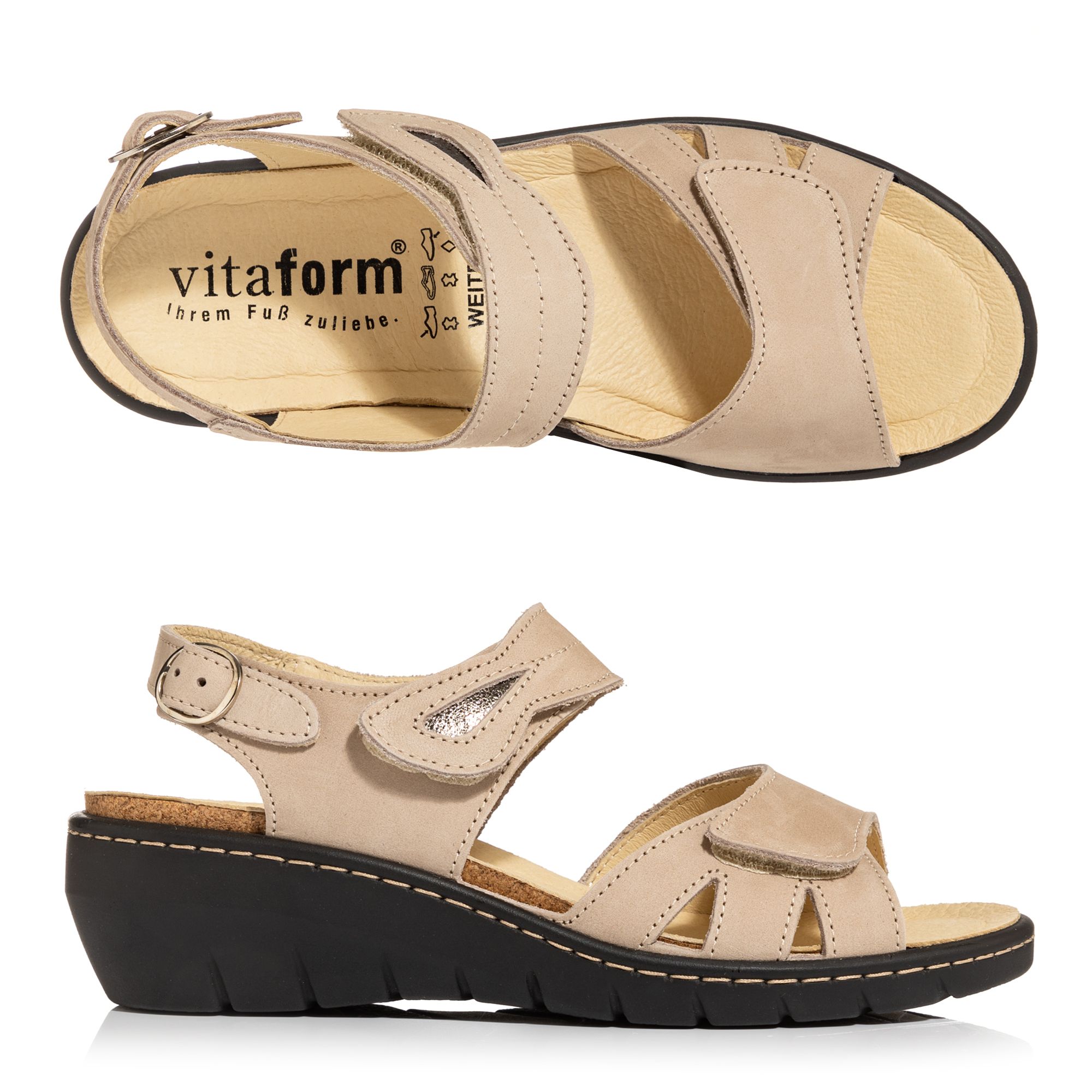 VITAFORM Damen-Sandale Nubukleder Klettriemen Keilabsatz