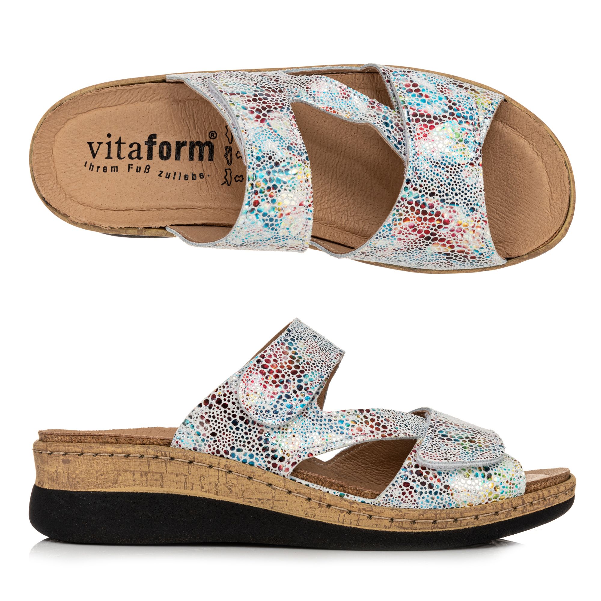VITAFORM Damen-Pantolette Nappaleder Fantasiedruck Keilabsatz