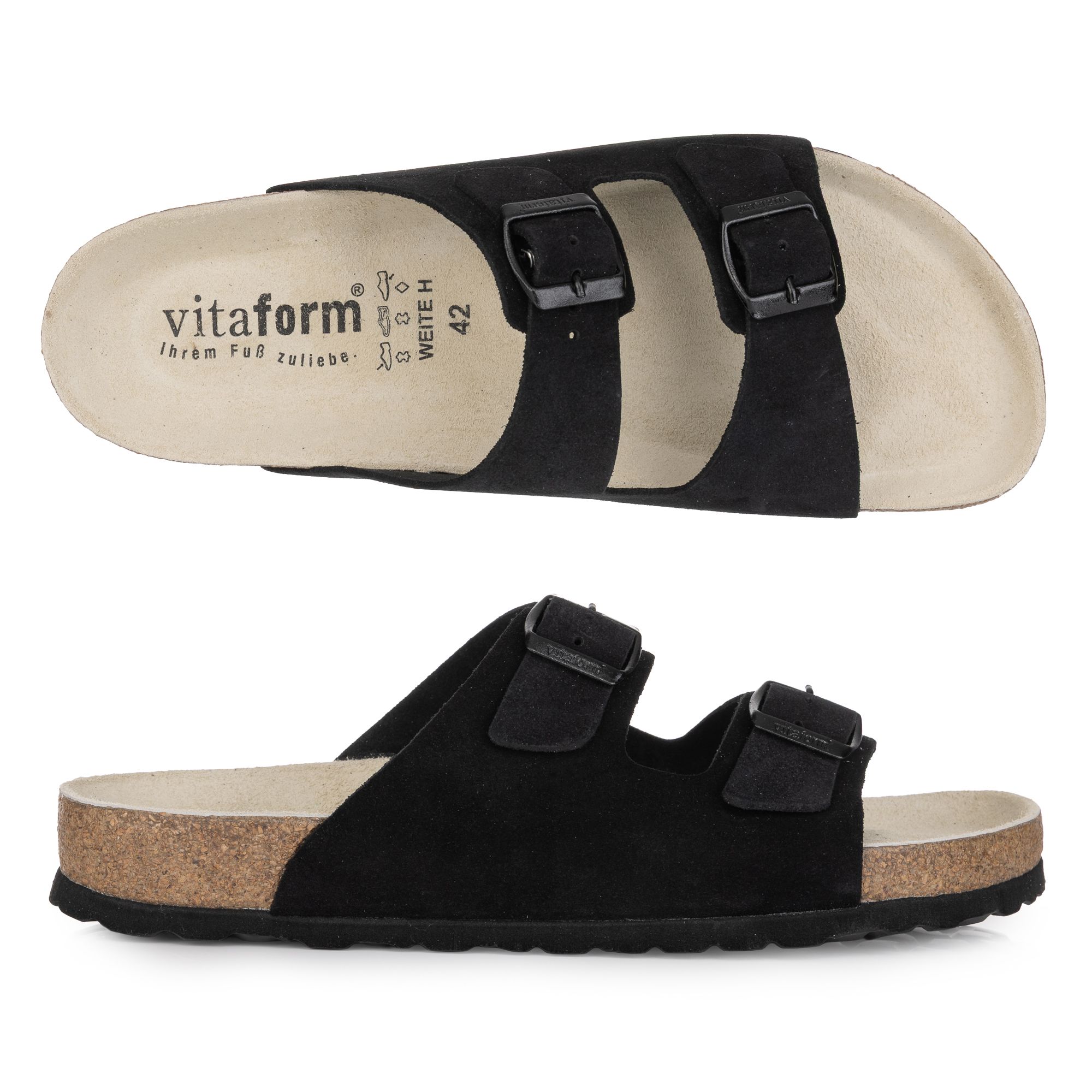 VITAFORM Herren-Pantolette Veloursleder 2 Schnallen Korkfußbett